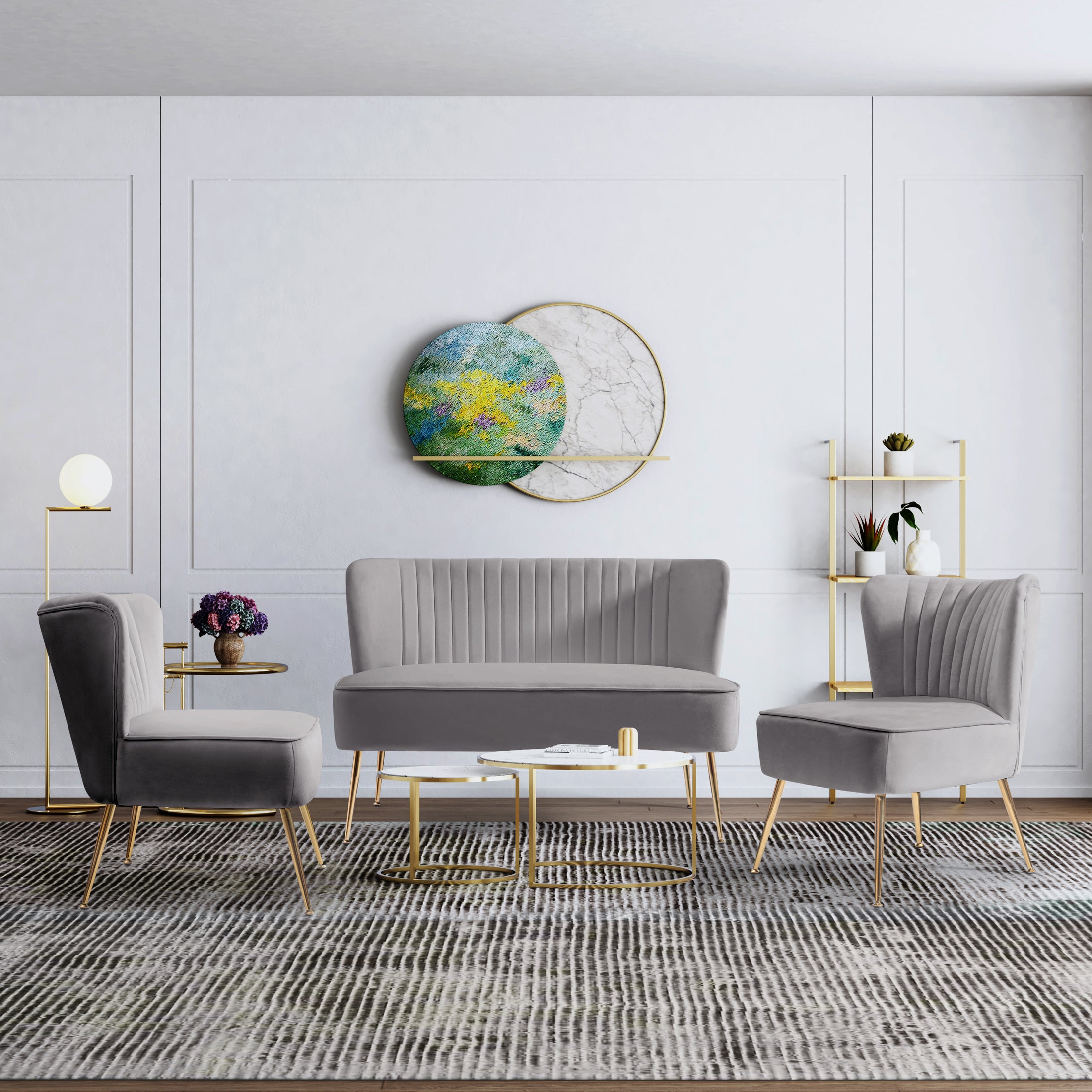 Alaia Mid Century Modern Tufted Velvet Loveseat Sofa and 22" Accent Chair 3-Piece Set