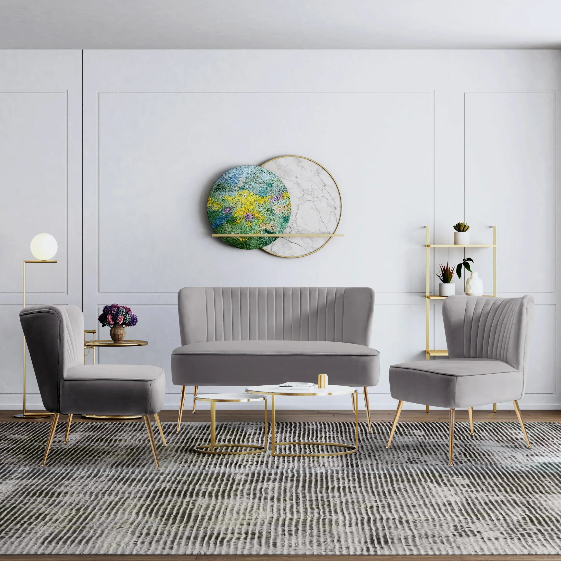Alaia Mid Century Modern Tufted Velvet Loveseat Sofa and 22" Accent Chair 3-Piece Set