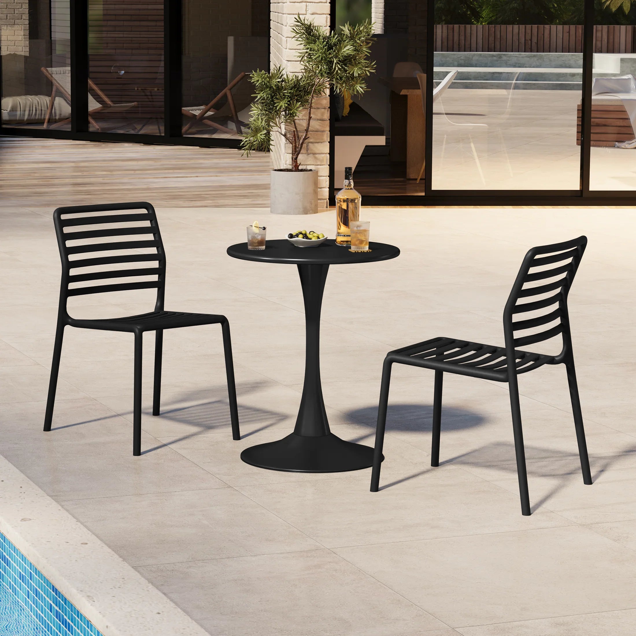 Sunshine 3-Piece Outdoor Metal Round Dining Table Set With Stackable Resin Patio Dining Chairs