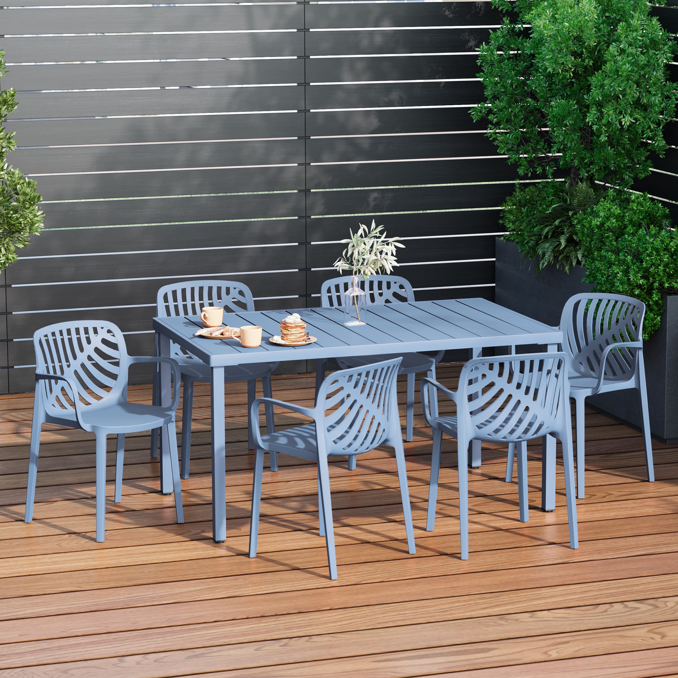 Sunshine 7-Piece Outdoor Metal Rectangle Patio Dining Table Set With Stackable Resin Patio Dining Chairs