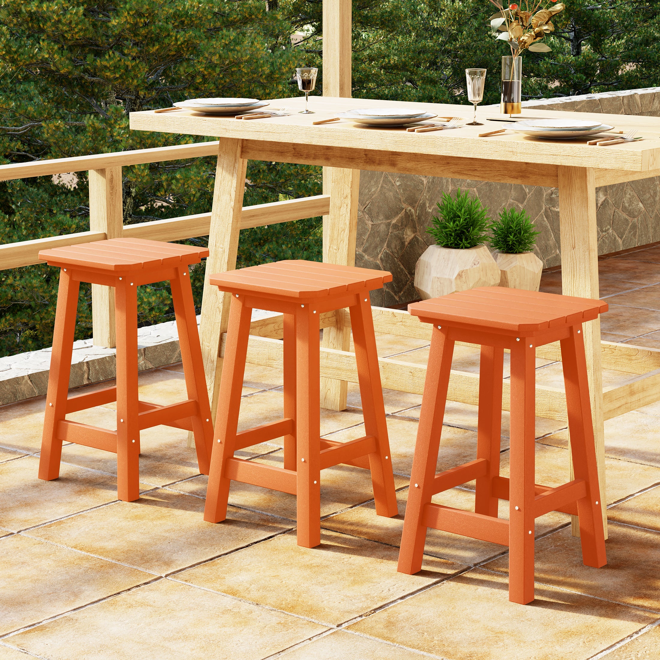 Paradise 24" HDPE Outdoor Patio Counter High Backless Square Bar Stools Set of Three