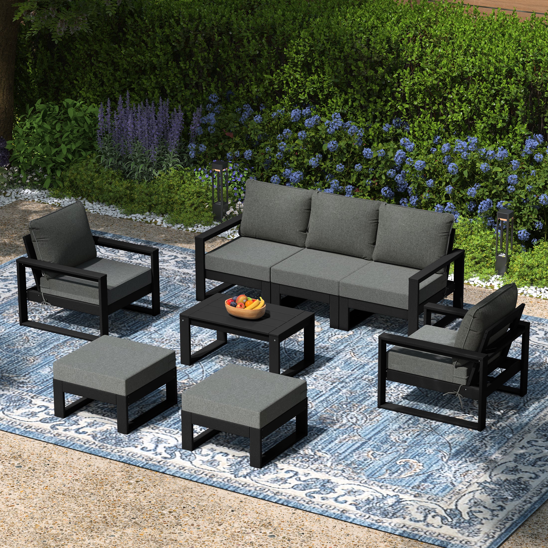 Rockaway 8-Piece Modern HDPE Outdoor Patio Furniture Conversation Set with Coffee Table and Ottomans
