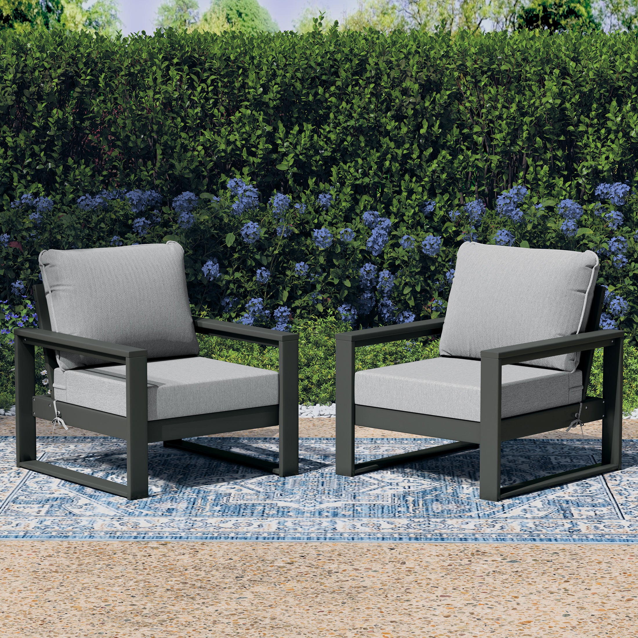 Rockaway Outdoor Modern HDPE Patio Club Chair with Waterproof Deep Seat Cushions (Set of 2)