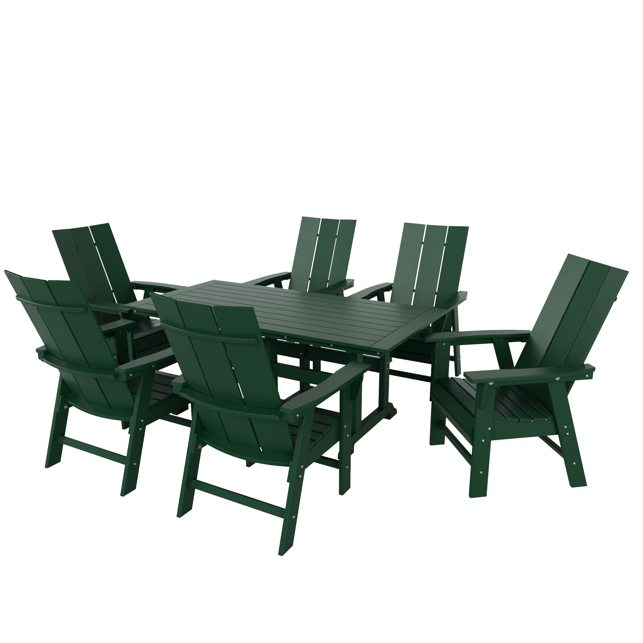 Palms 7 Piece Outdoor Patio Dining Table and Modern Adirondack Armchair Set