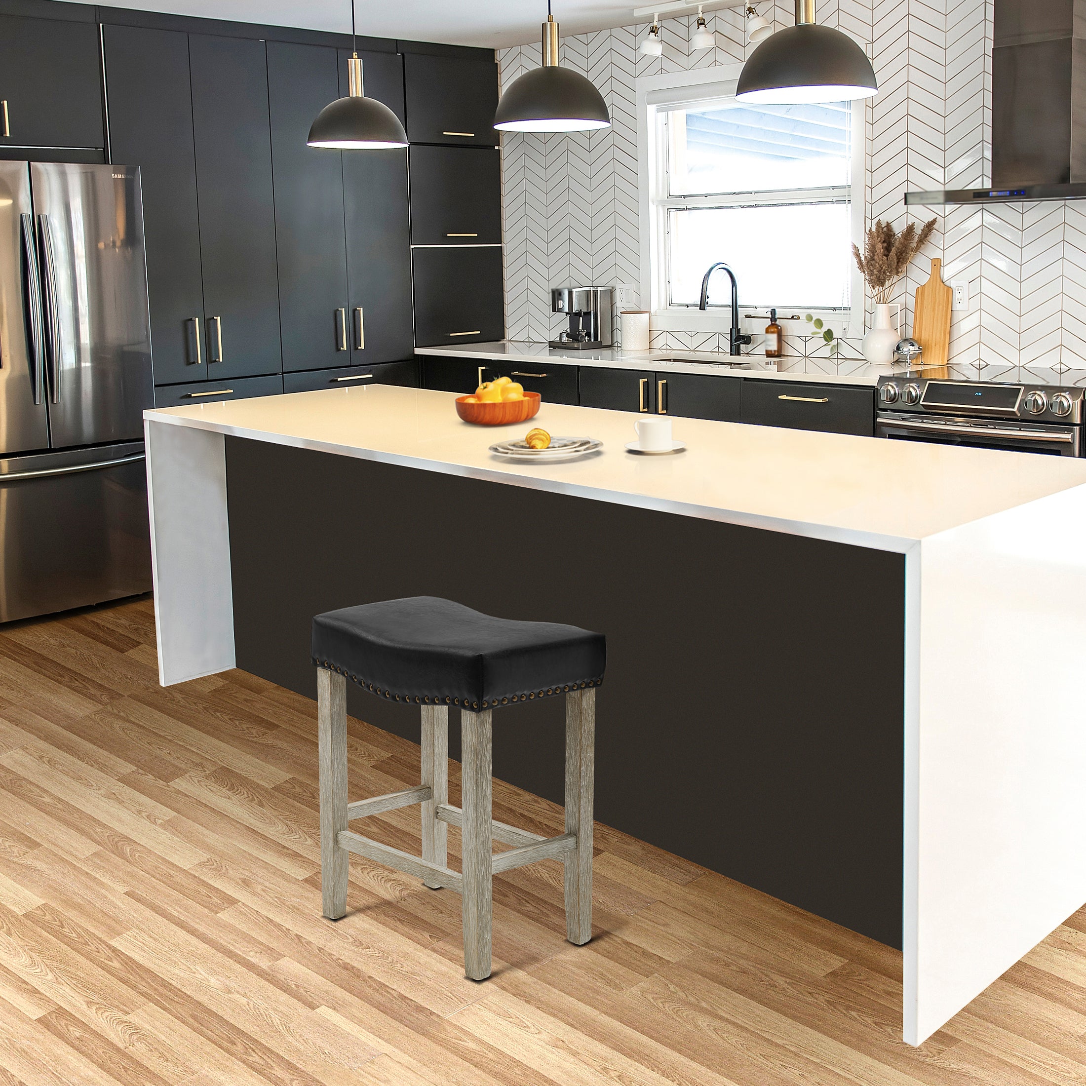 Bulmon 24" upholstered nail head bar counter stool with Antique Gray color legs