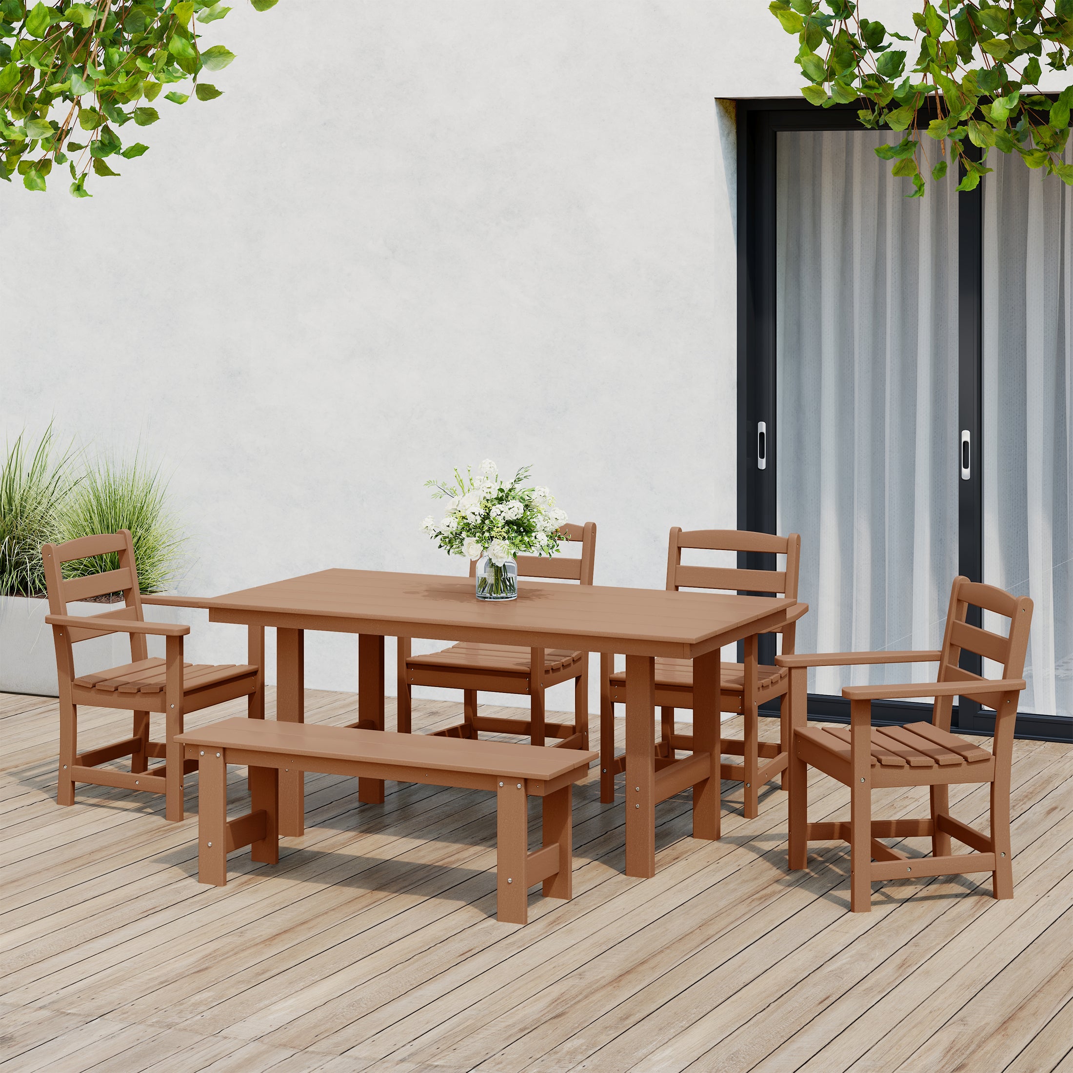 Palms 6-Piece Outdoor HDPE Patio Dining Table Set with Bench