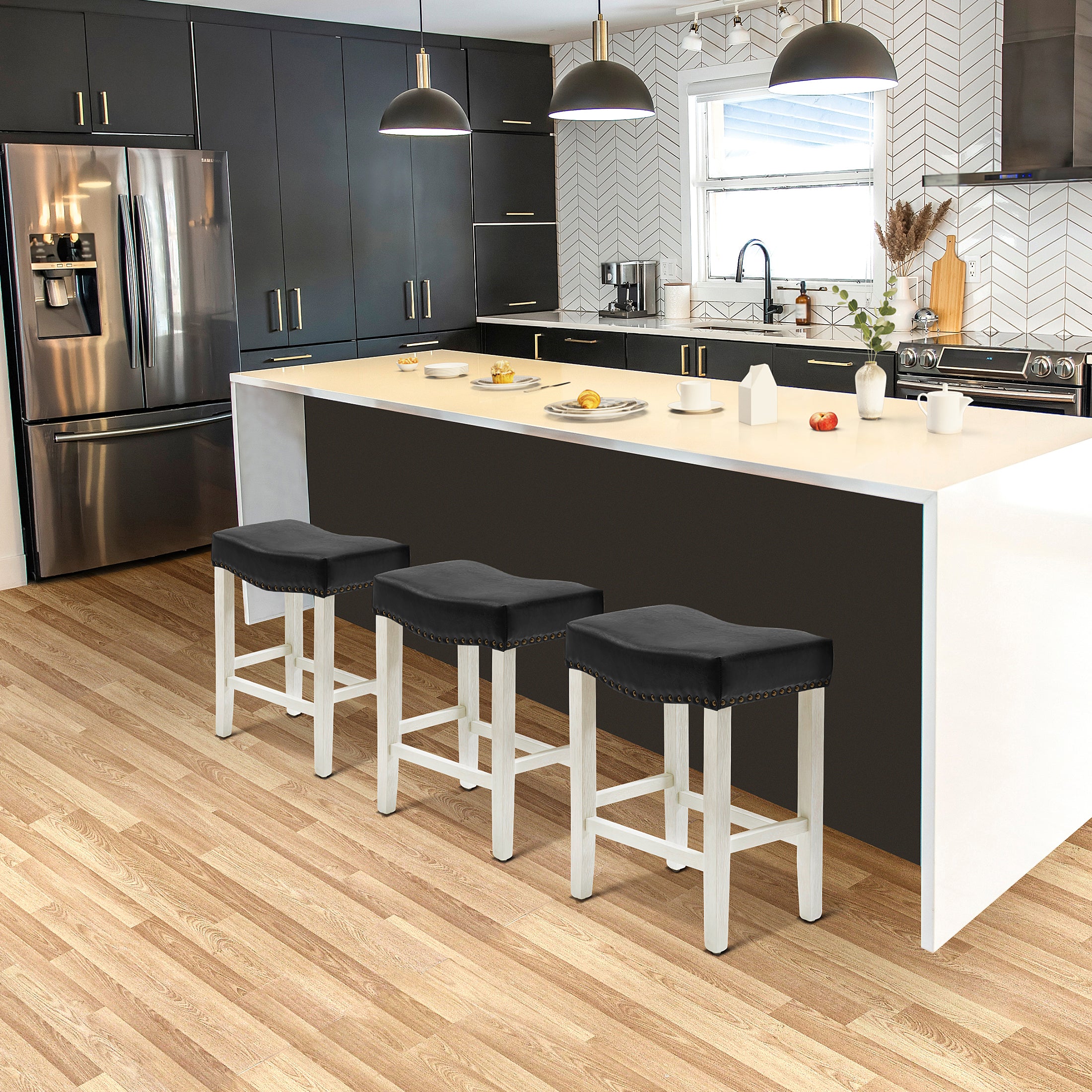 Bulmon 24" Upholstered Saddle Seat Antique White Counter Stool (Set of 3)