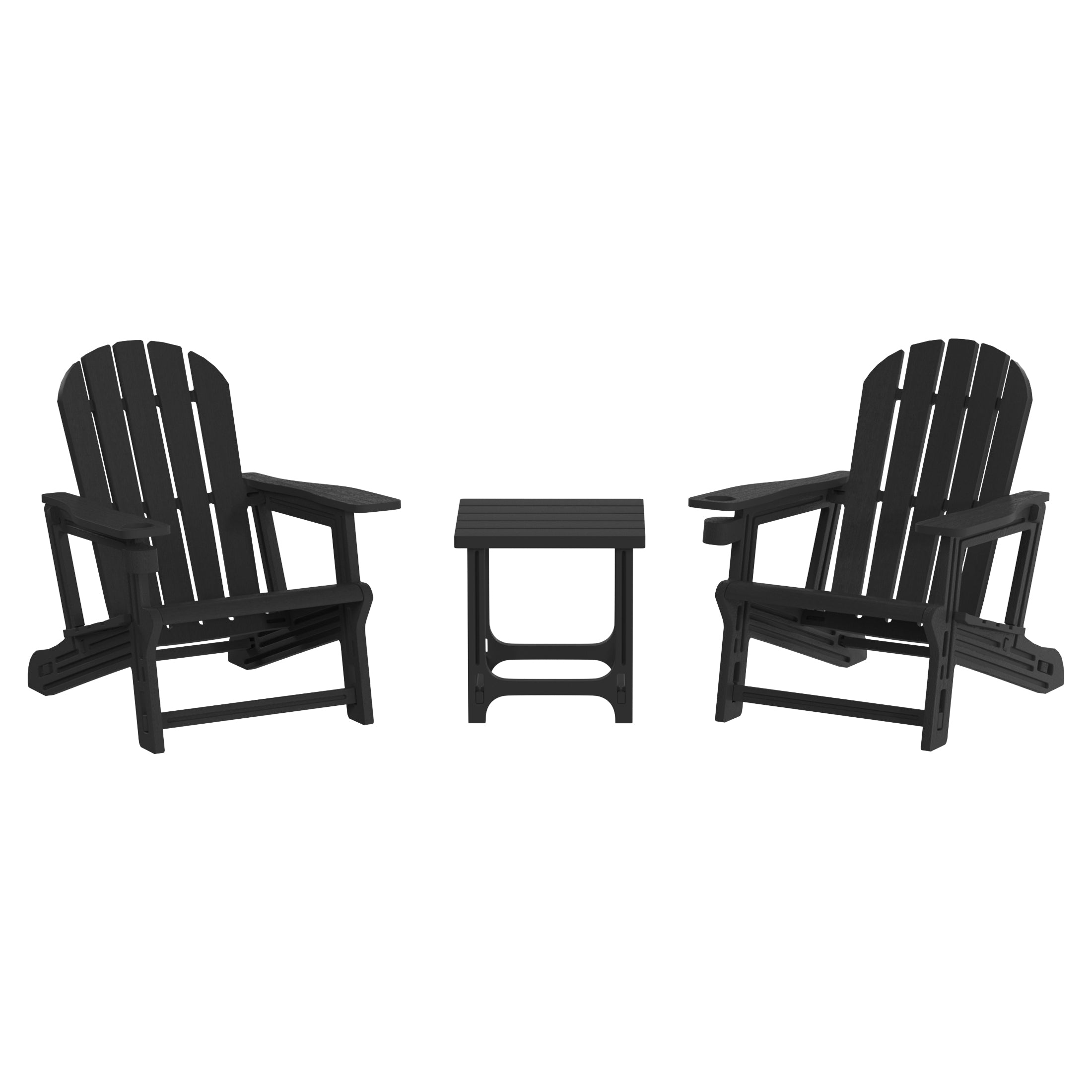 Cayman 3-Piece HDPE Plastic Adirondack Patio Chairs With 18" Square Side Table Set
