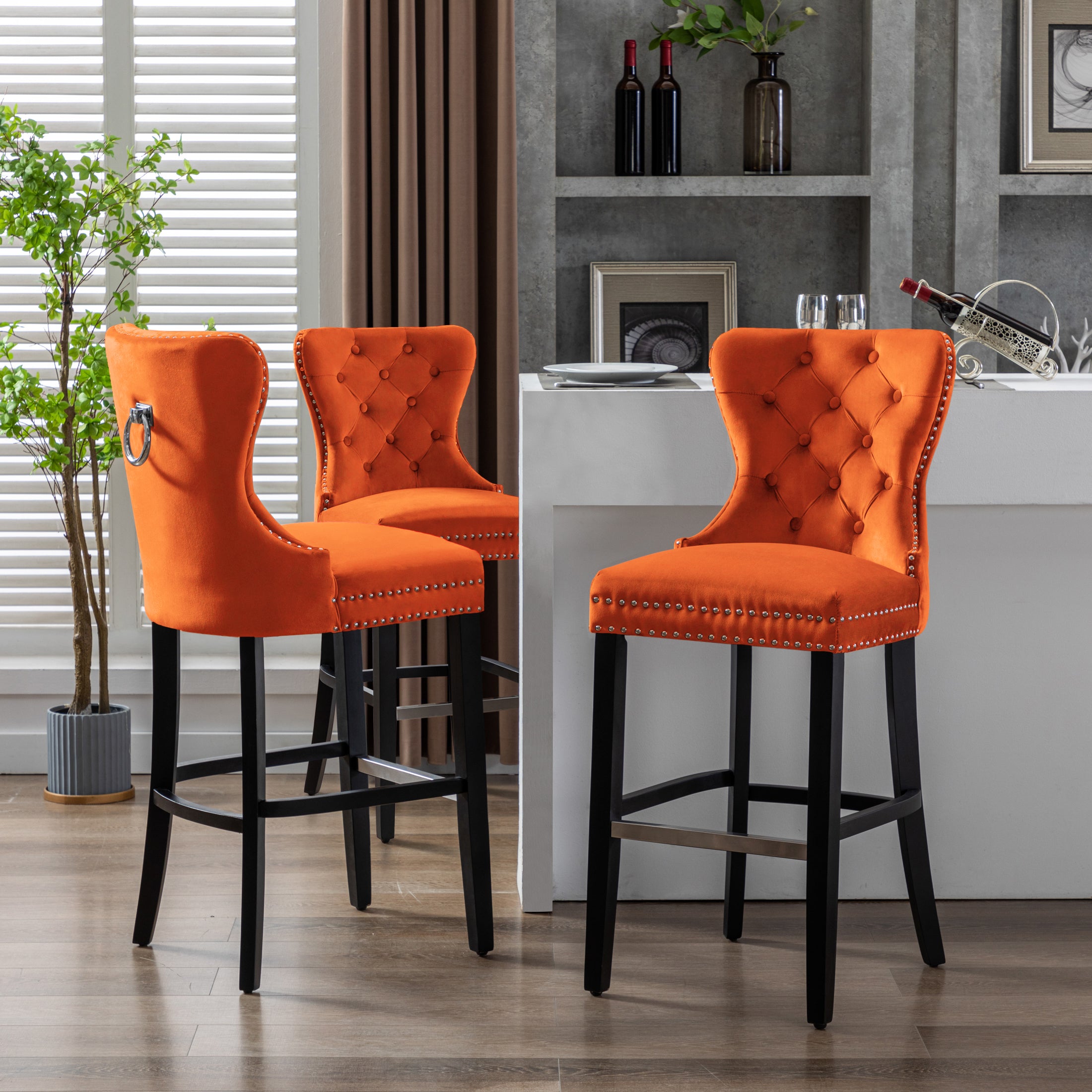 Hank 29" Tufted Velvet Bar Stool (Set of 3), Antique Gray