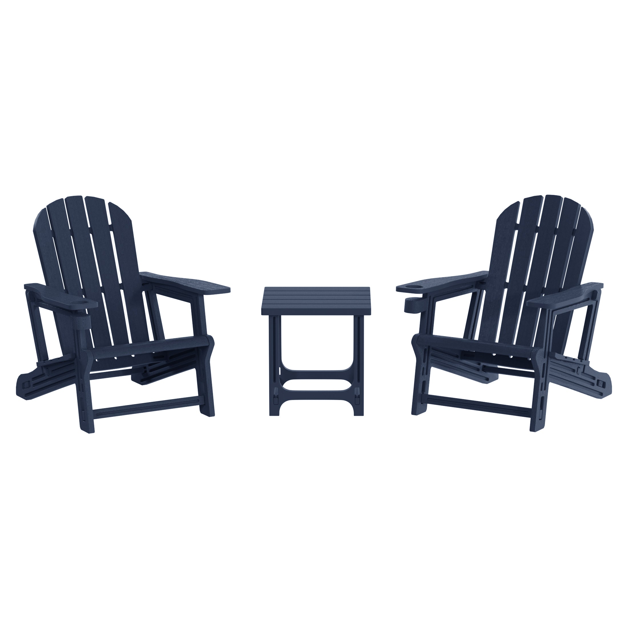 Cayman 3-Piece HDPE Plastic Adirondack Patio Chairs With 18" Square Side Table Set