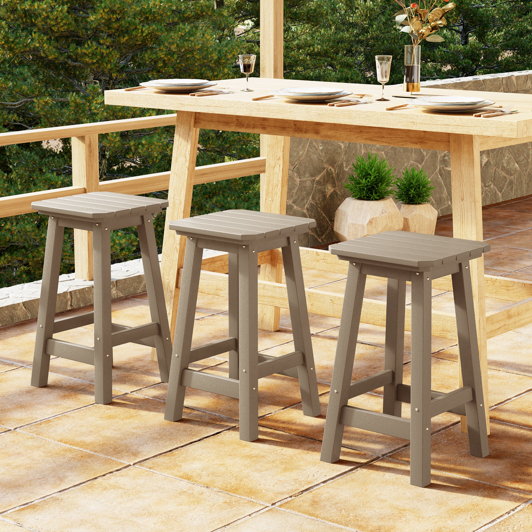 Paradise 24" HDPE Outdoor Patio Counter High Backless Square Bar Stools Set of Three