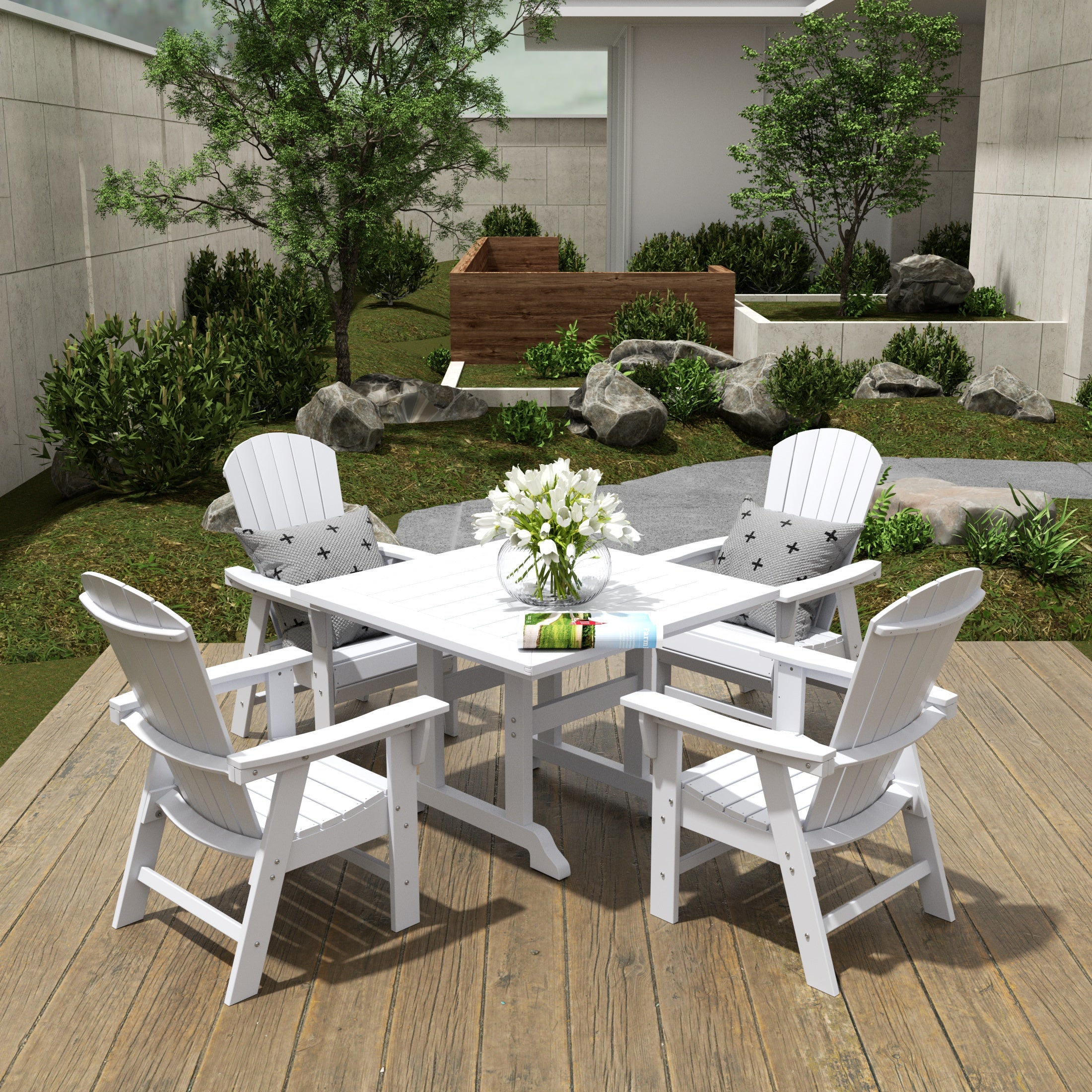 Portside 5 Piece Outdoor Patio Dining Square Table and Shell Back Armchair Set
