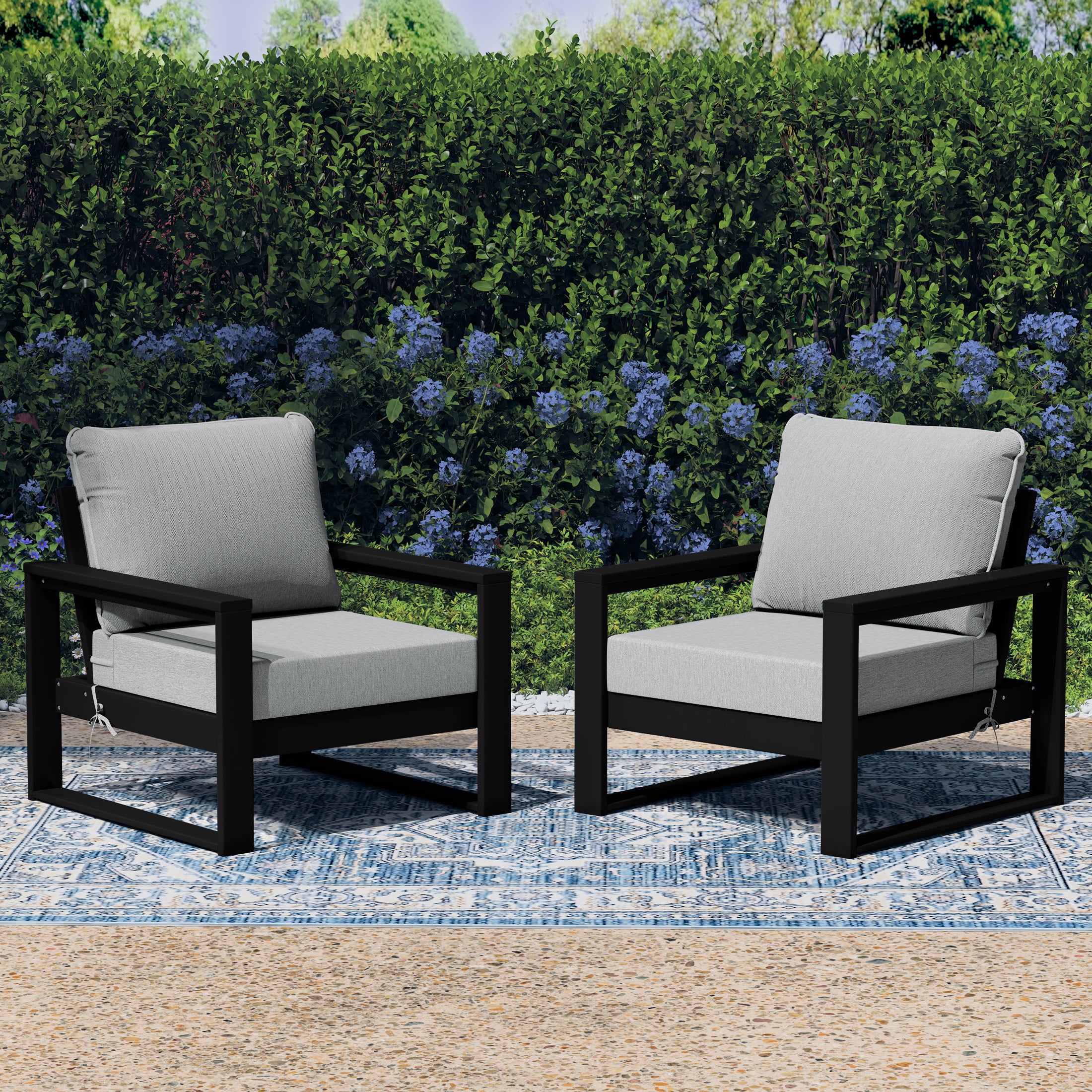 Rockaway Outdoor Modern HDPE Patio Club Chair with Waterproof Deep Seat Cushions (Set of 2)