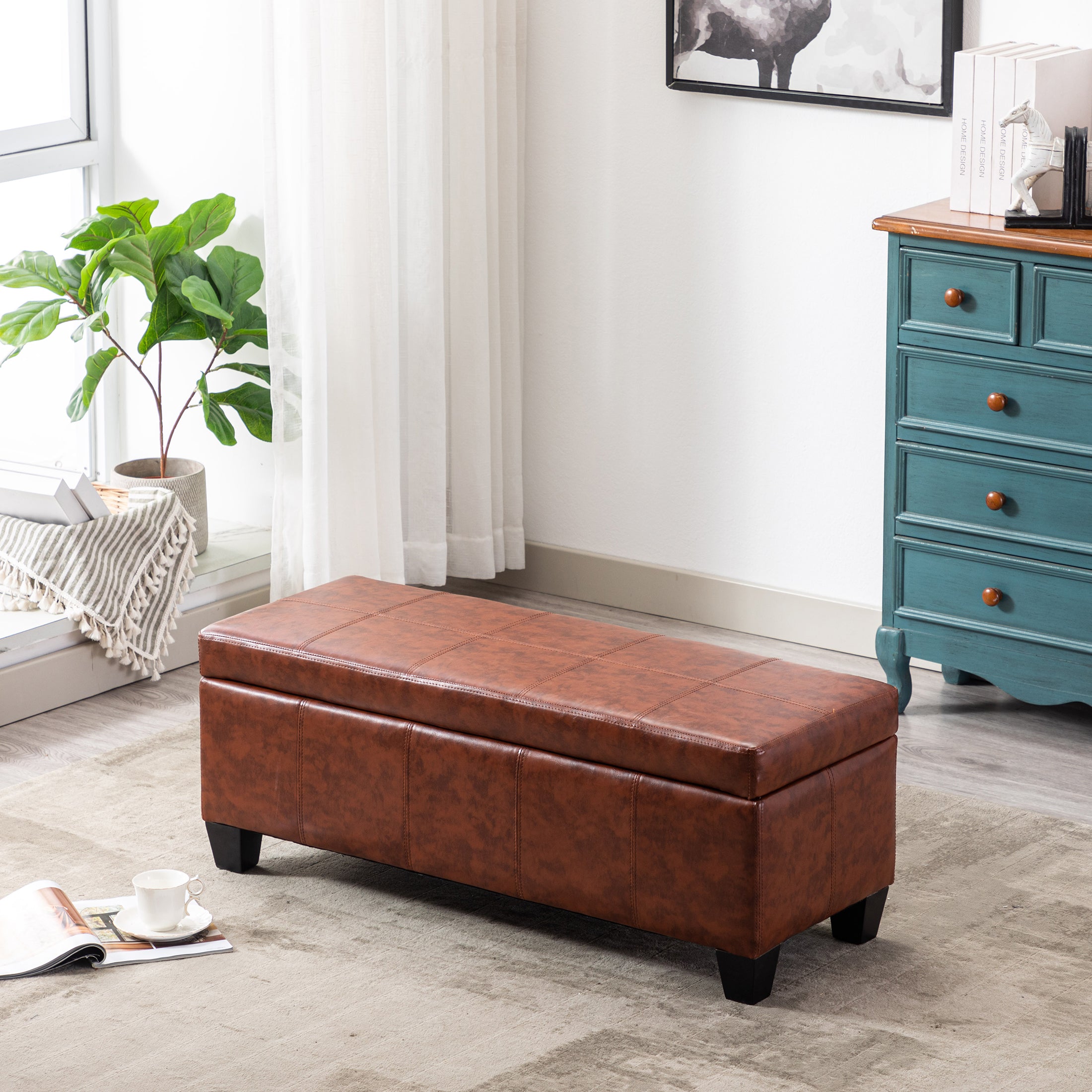 Baltimore 42" Inch Faux Leather Storage Ottoman Bench for Living Room Bedroom Furniture