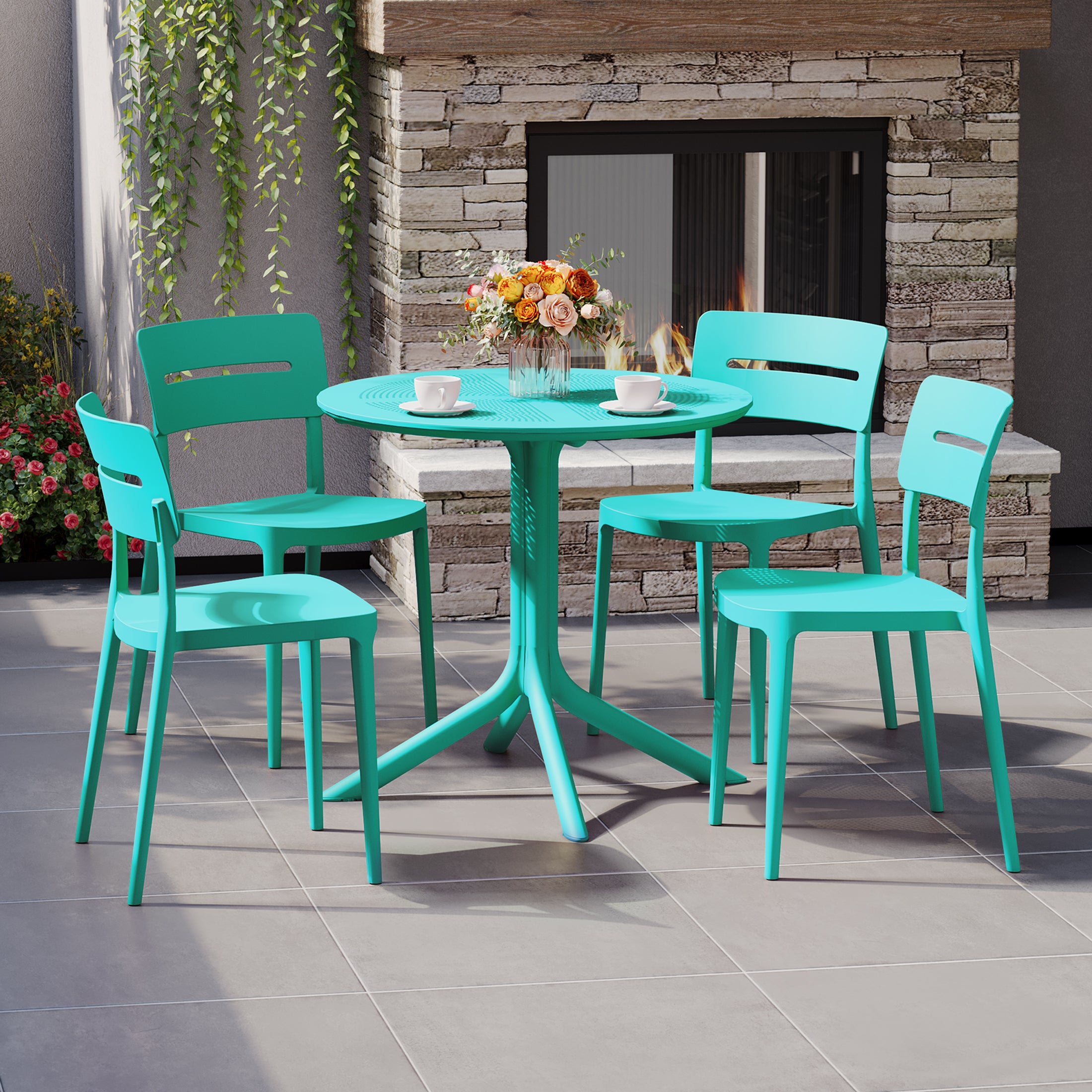 Sunshine Modern 5-Piece Resin Round Patio Dining Table Set with Stackable Patio Dining Chairs