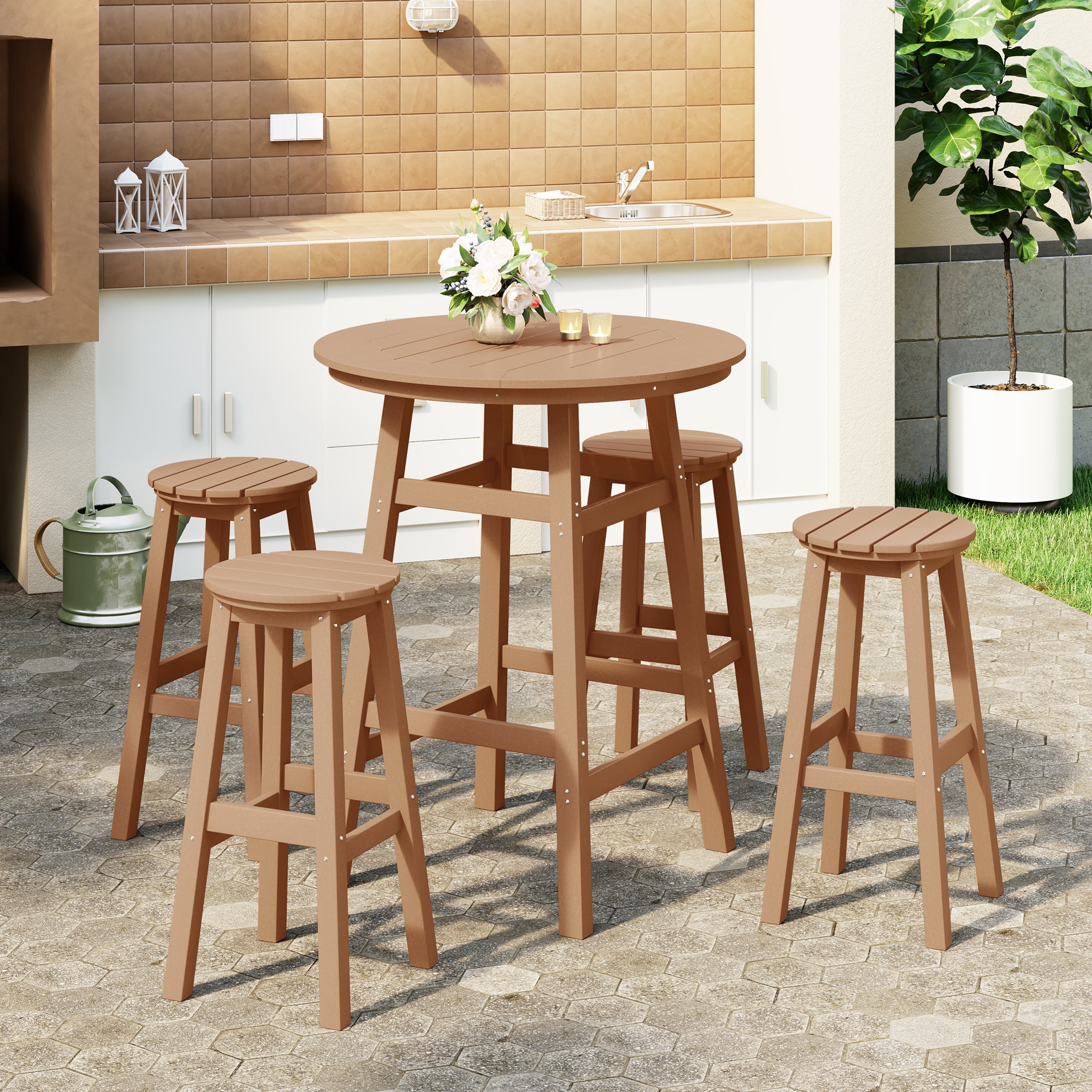 Paradise 5-Piece HDPE Outdoor Patio Dining Bar Bistro Table Set with Bar Stools