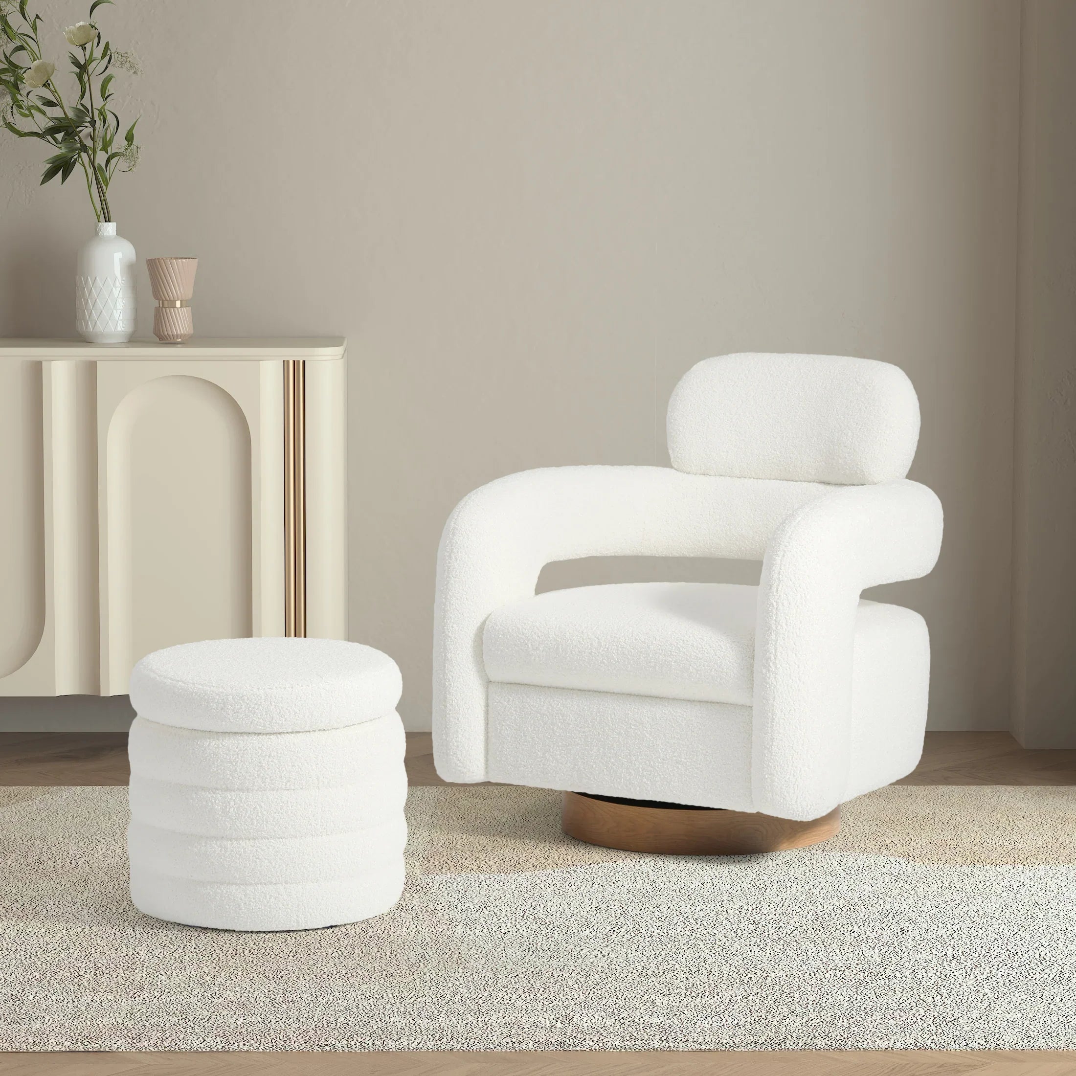 Celine Mid-Century Modern Sherpa Swivel Barrel Accent Chair With Storage Ottoman