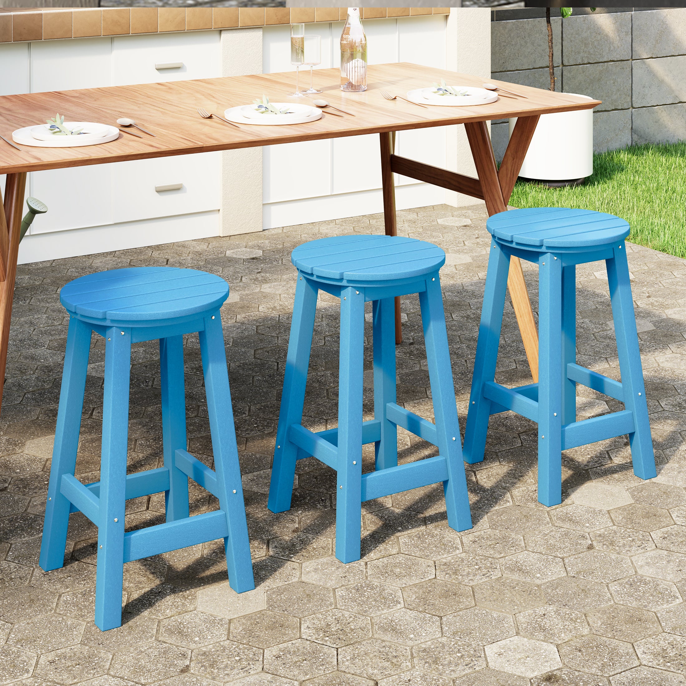 Paradise 24" HDPE Outdoor Patio Round Counter Height Bar Stool Set of 3