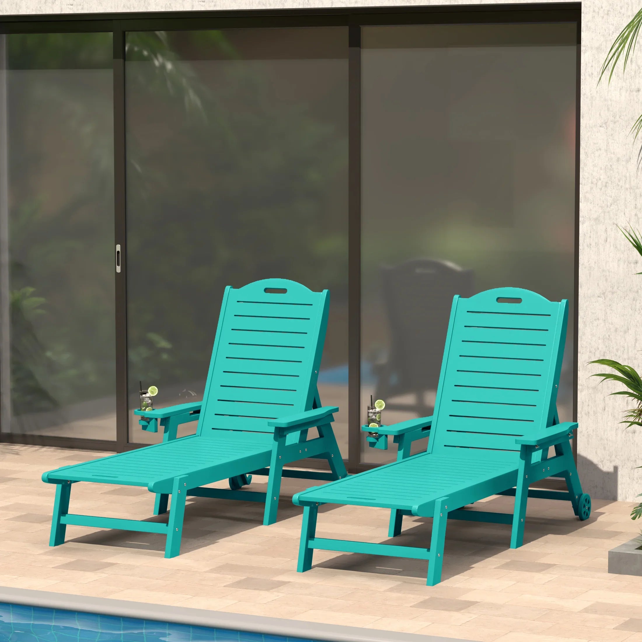 Lago Outdoor HDPE Patio Chaise Lounges With Wheels & Cup Holder (Set of 2)