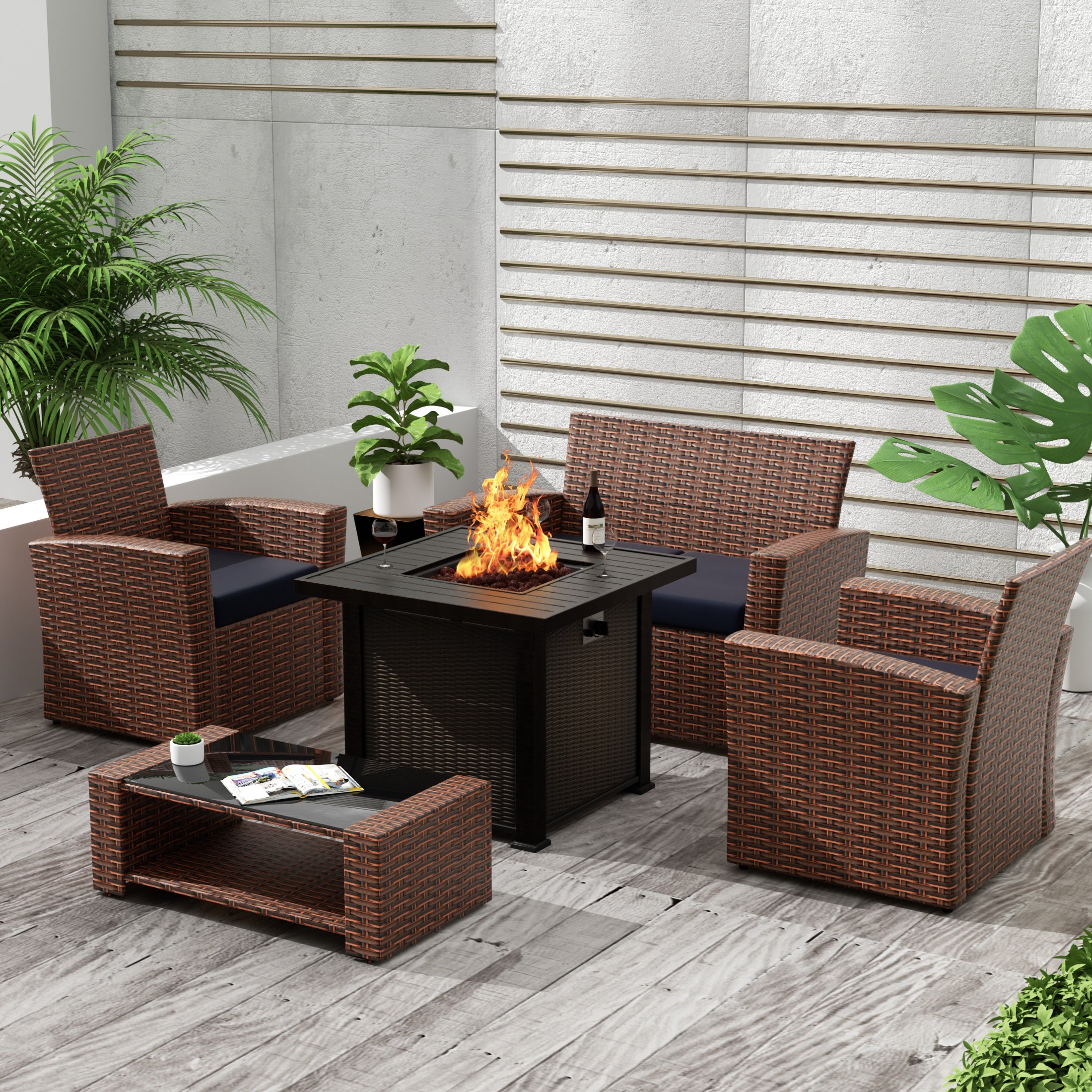 Wynston 4-Piece Conversation Outdoor Patio Sofa Set with Square Fire Pit Table, Brown