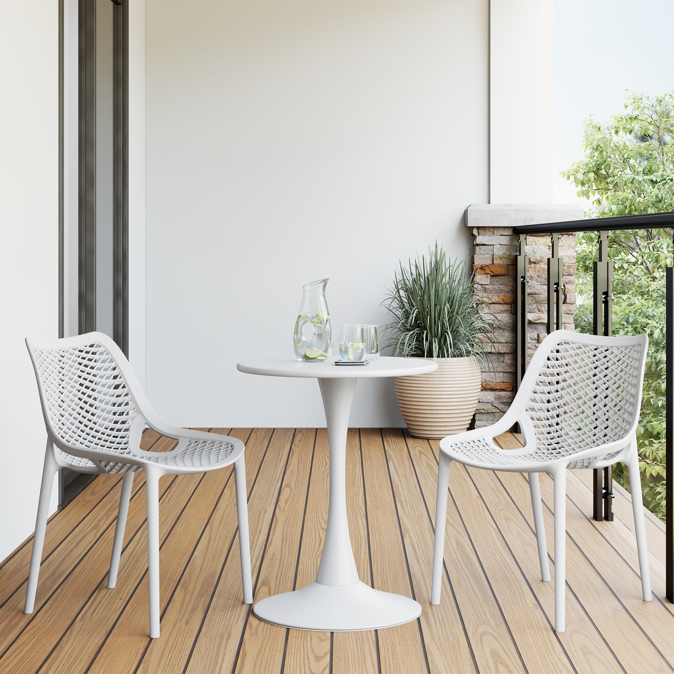Sunshine 3-Piece Outdoor Round Metal Dining Table Set And Stackable Resin Patio Dining Side Chairs
