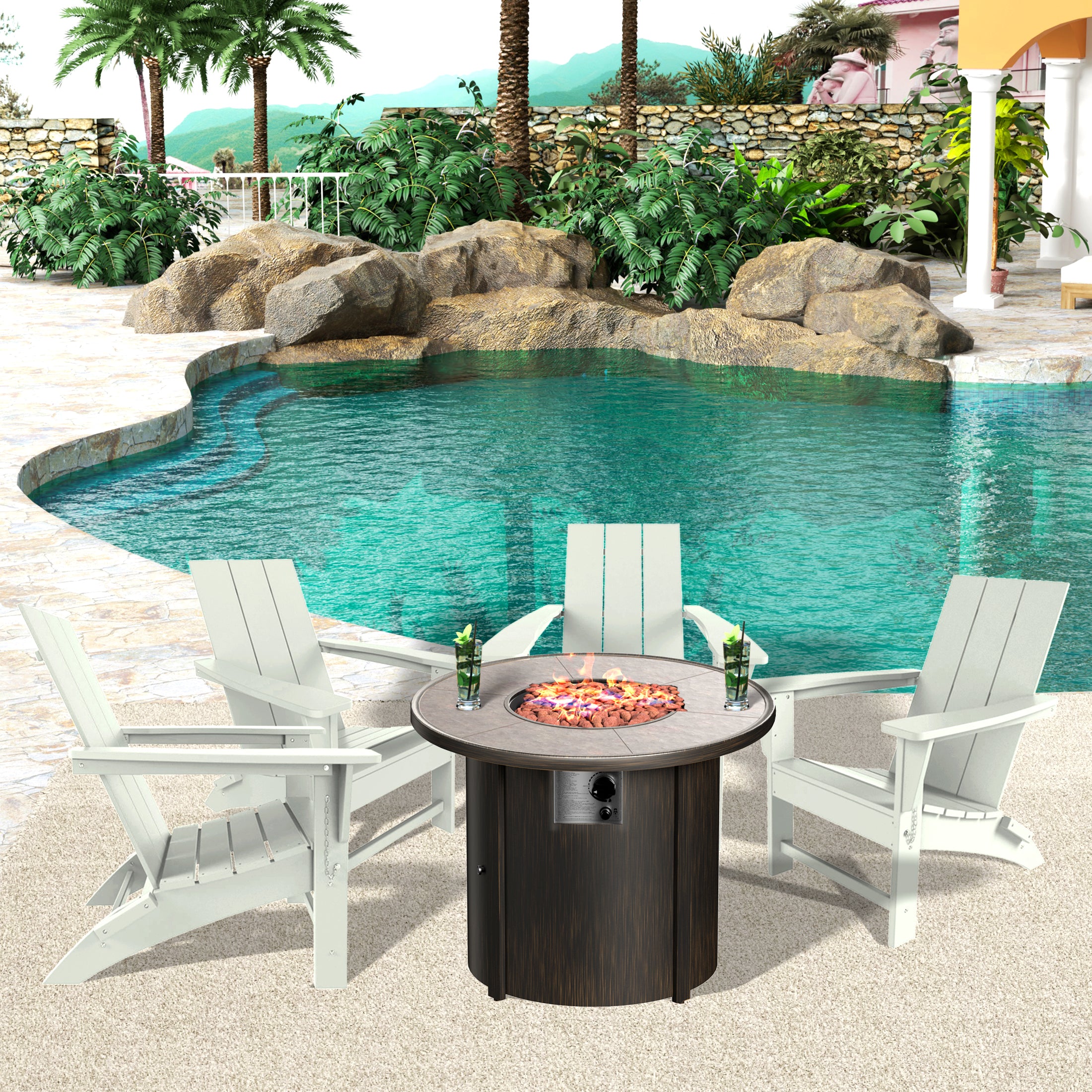 Palms Modern Folding Poly Adirondack Chair With Round Fire Pit Table