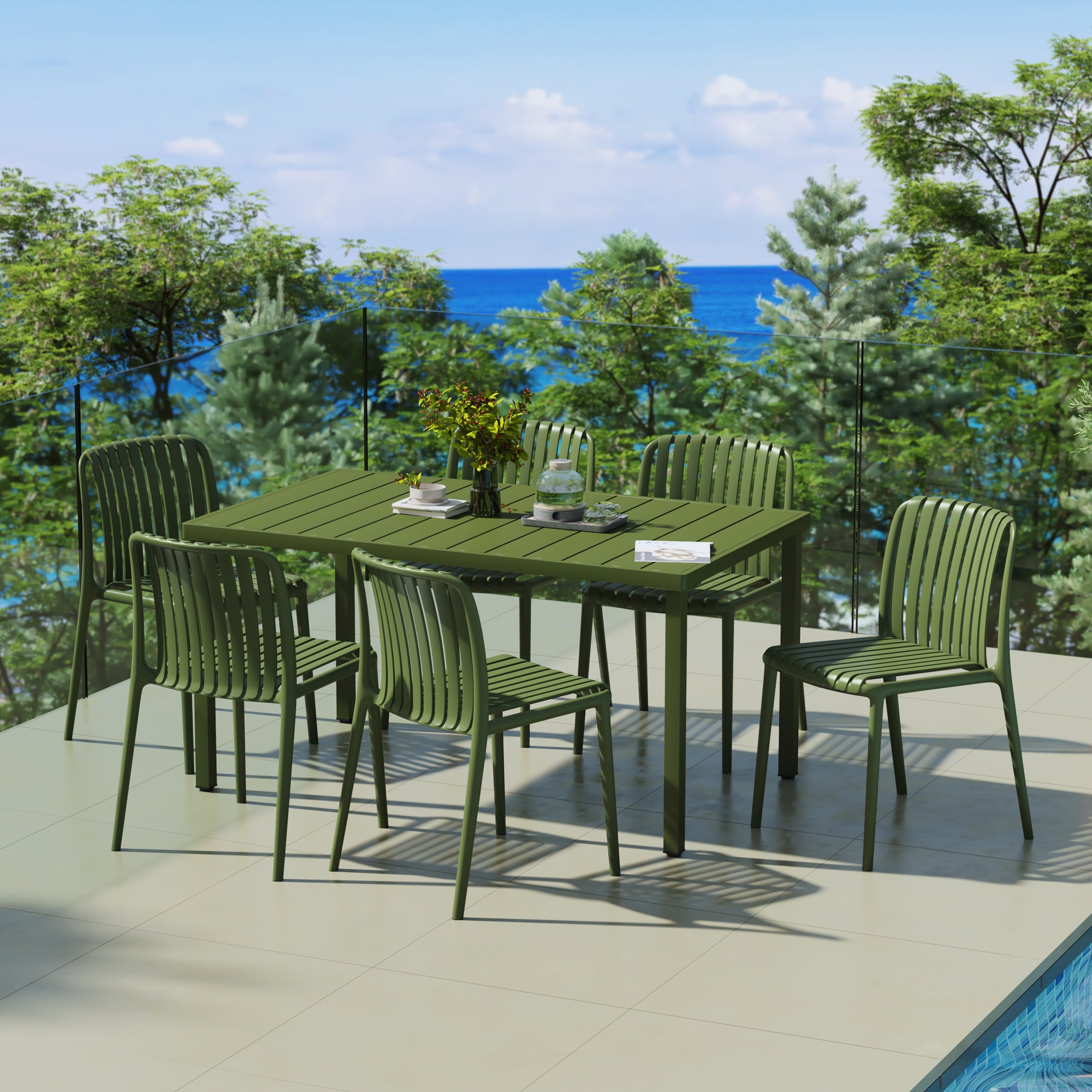 Sunshine 7-Piece Outdoor Patio Dining Table Set With Stackable Patio Chairs