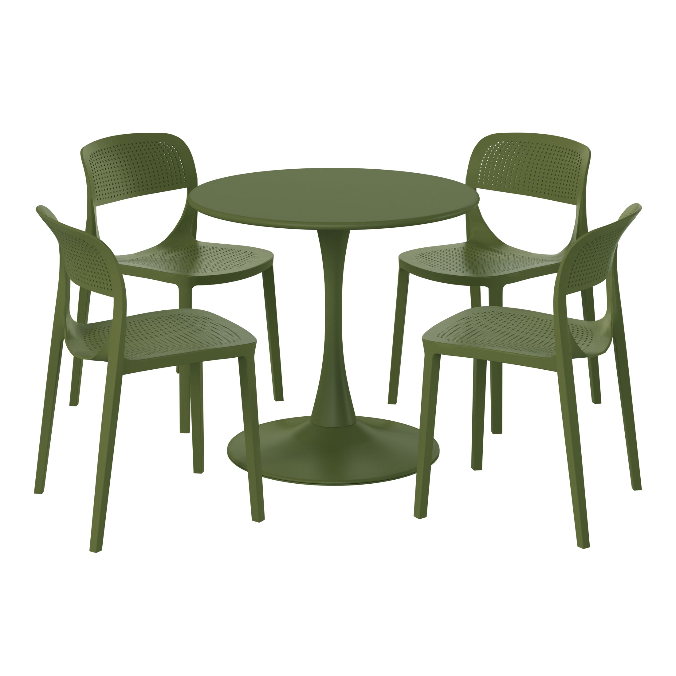Sunshine 5-Piece Round Metal Bistro Dining Table Set And Stackable Resin Patio Dining Side Chairs