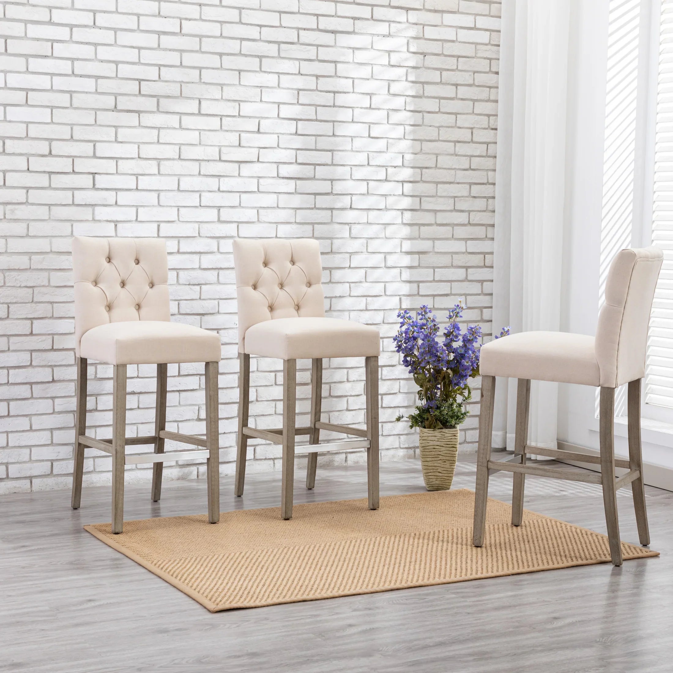 Bellmount 29" Upholstered Wood Bar Stool with Tufted Back (Set of 3)