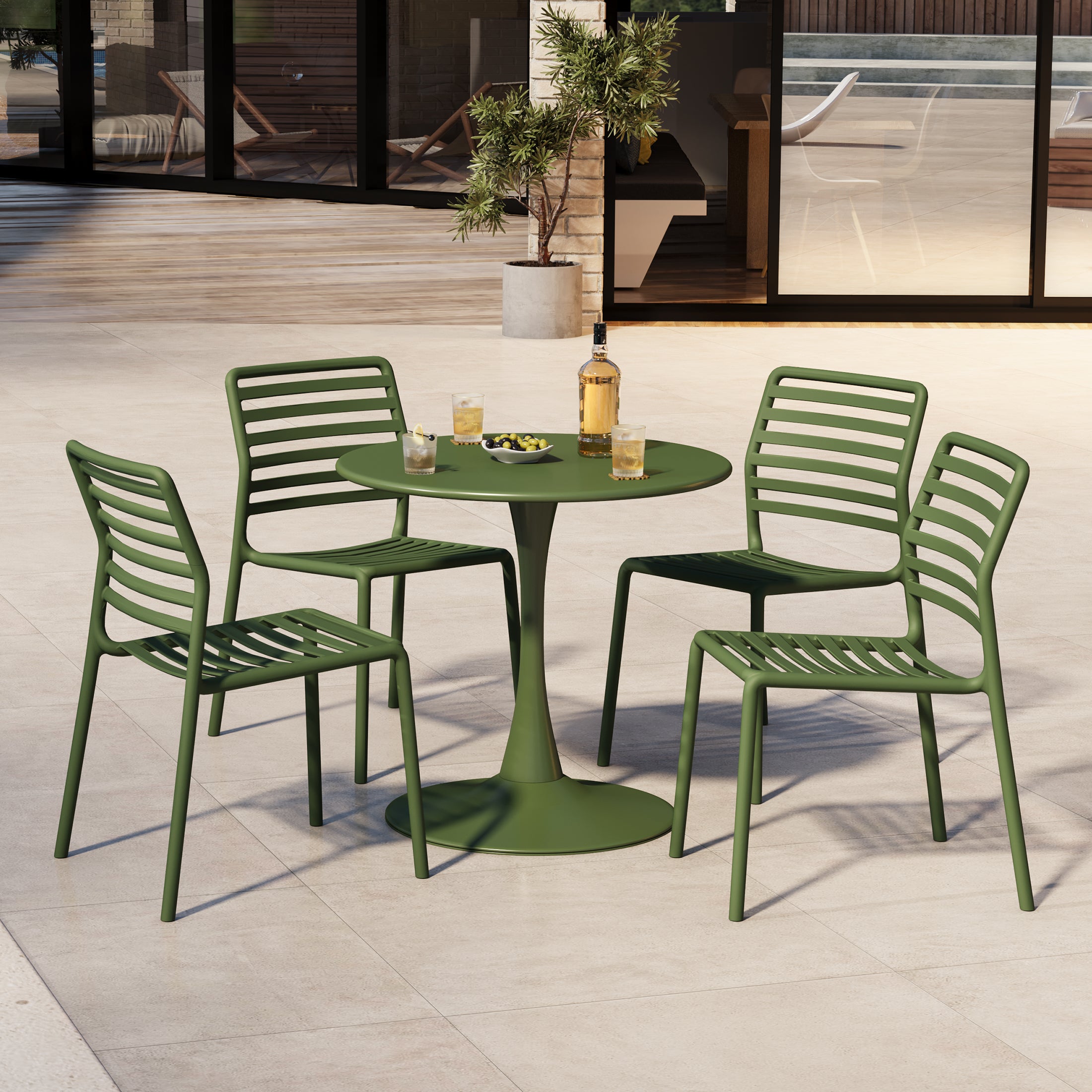 Sunshine 5-Piece Outdoor Indoor Metal Patio Dining Table Set With Stackable Plastic Patio Side Chairs