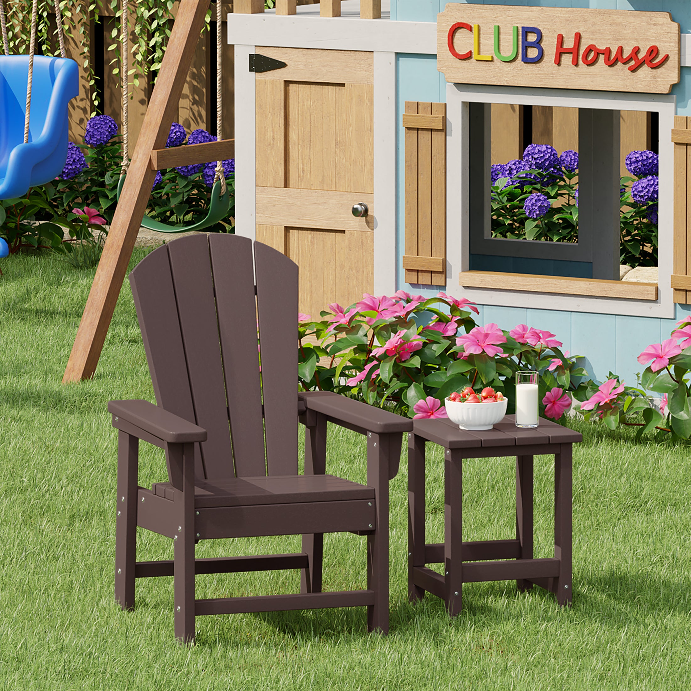 Paradise 2-Piece Kids Outdoor HDPE Adirondack Chair With Square Side Table Set