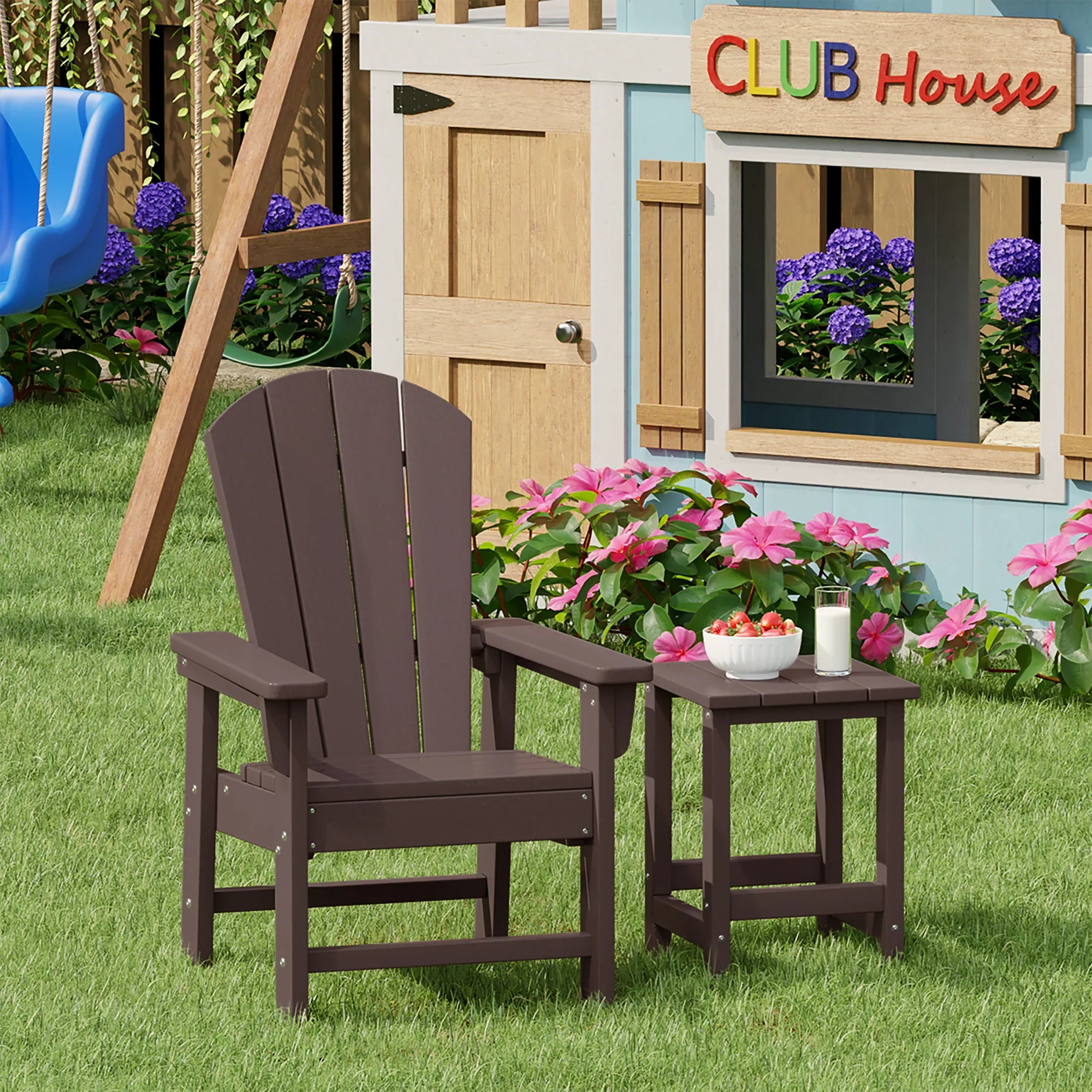 Paradise 2-Piece Kids Outdoor HDPE Adirondack Chair With Square Side Table Set