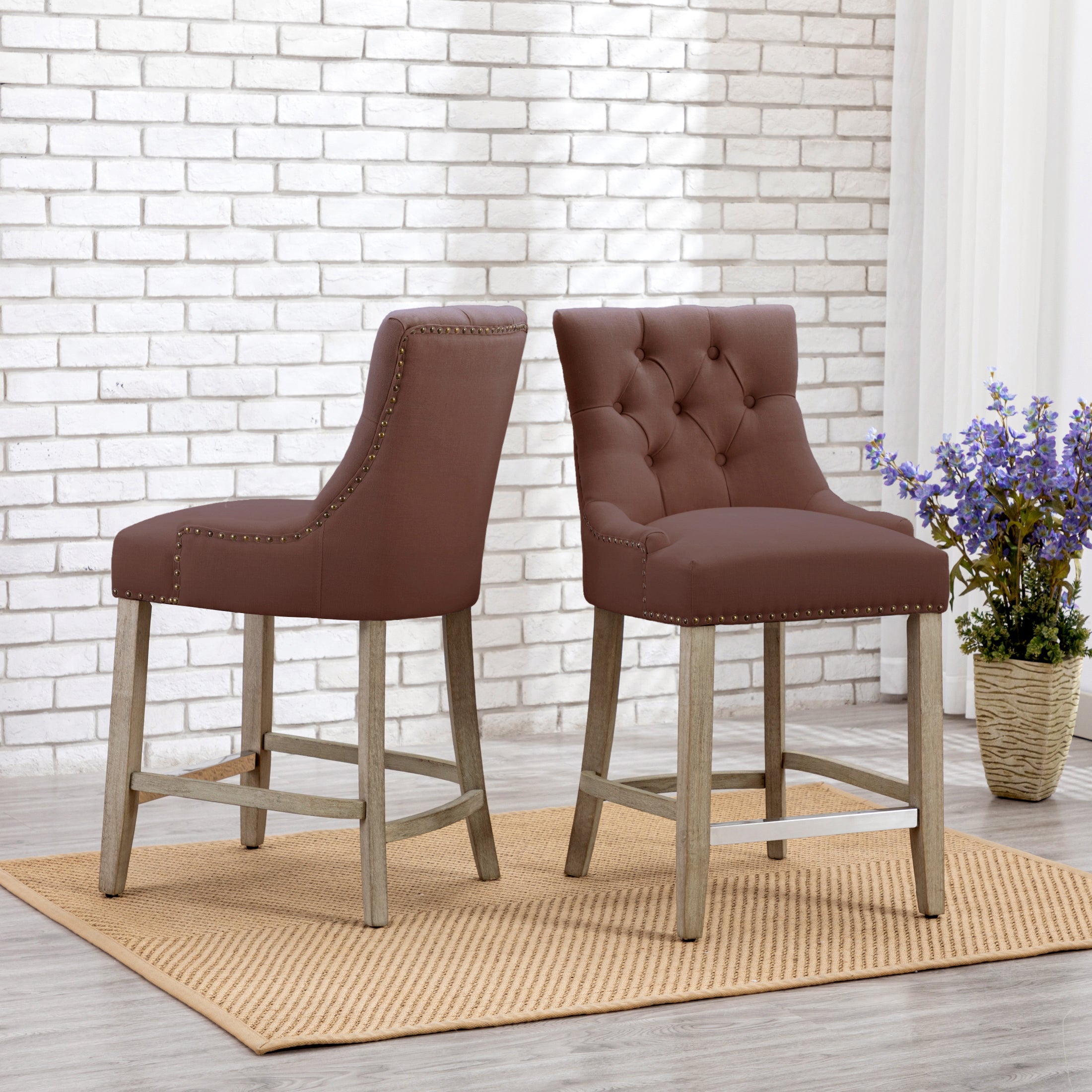 Bellmount 24" Upholstered Wood Bar Stool with Tufted Back (Set of 2)