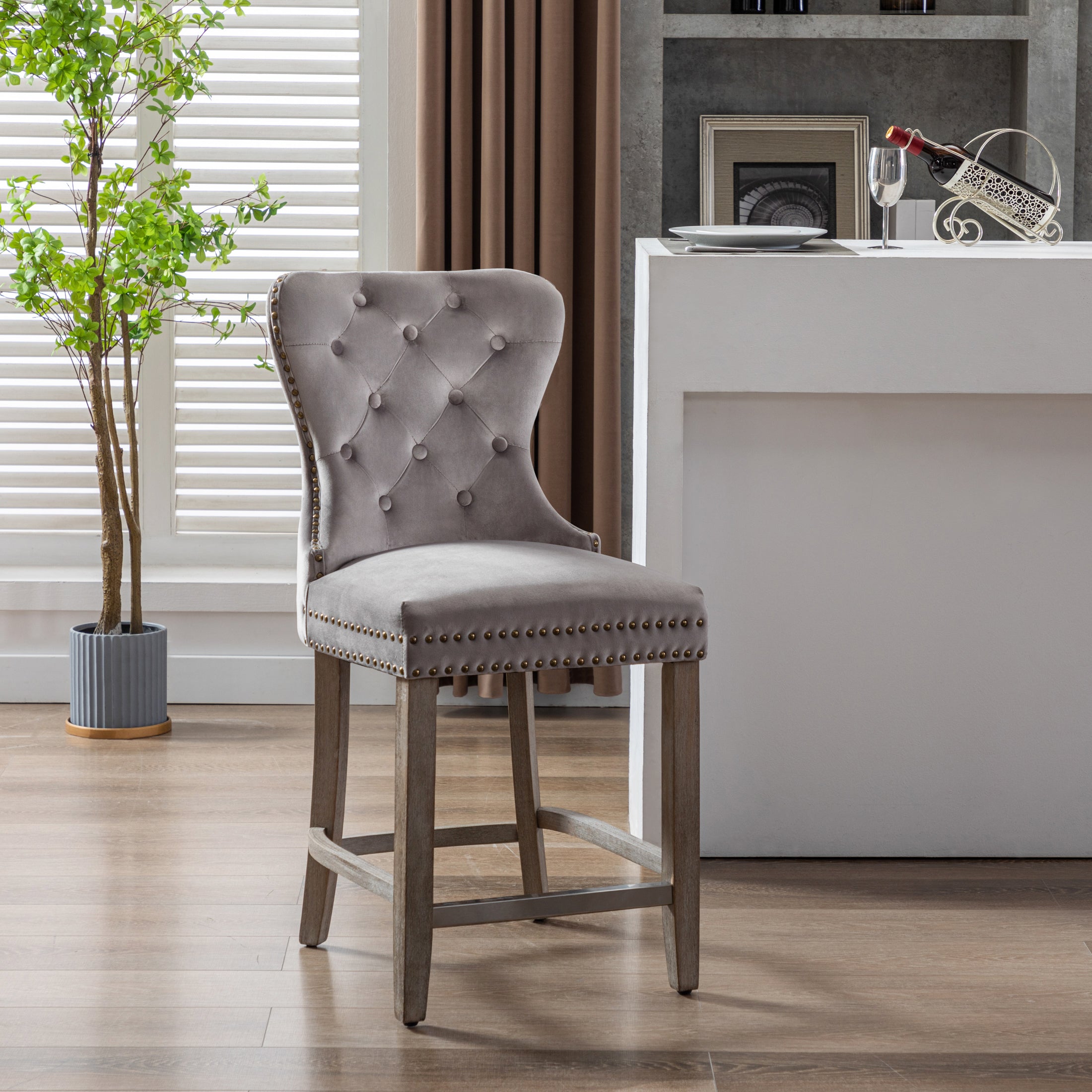 Hank 24" Tufted Velvet Counter Stool, Antique Gray