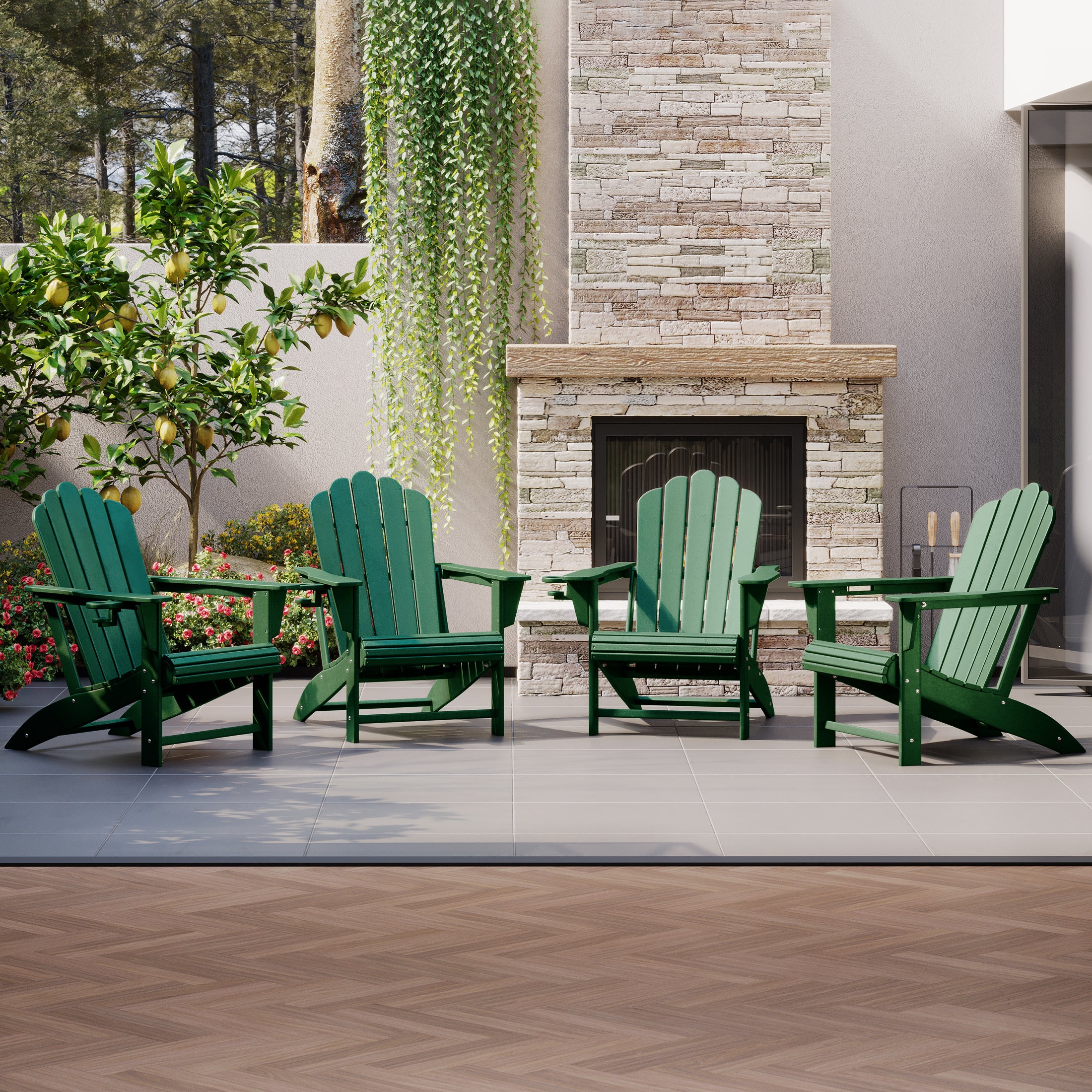 Lakeview Outdoor Patio HDPE Adirondack Chairs With Cup Holders (Set of 4)