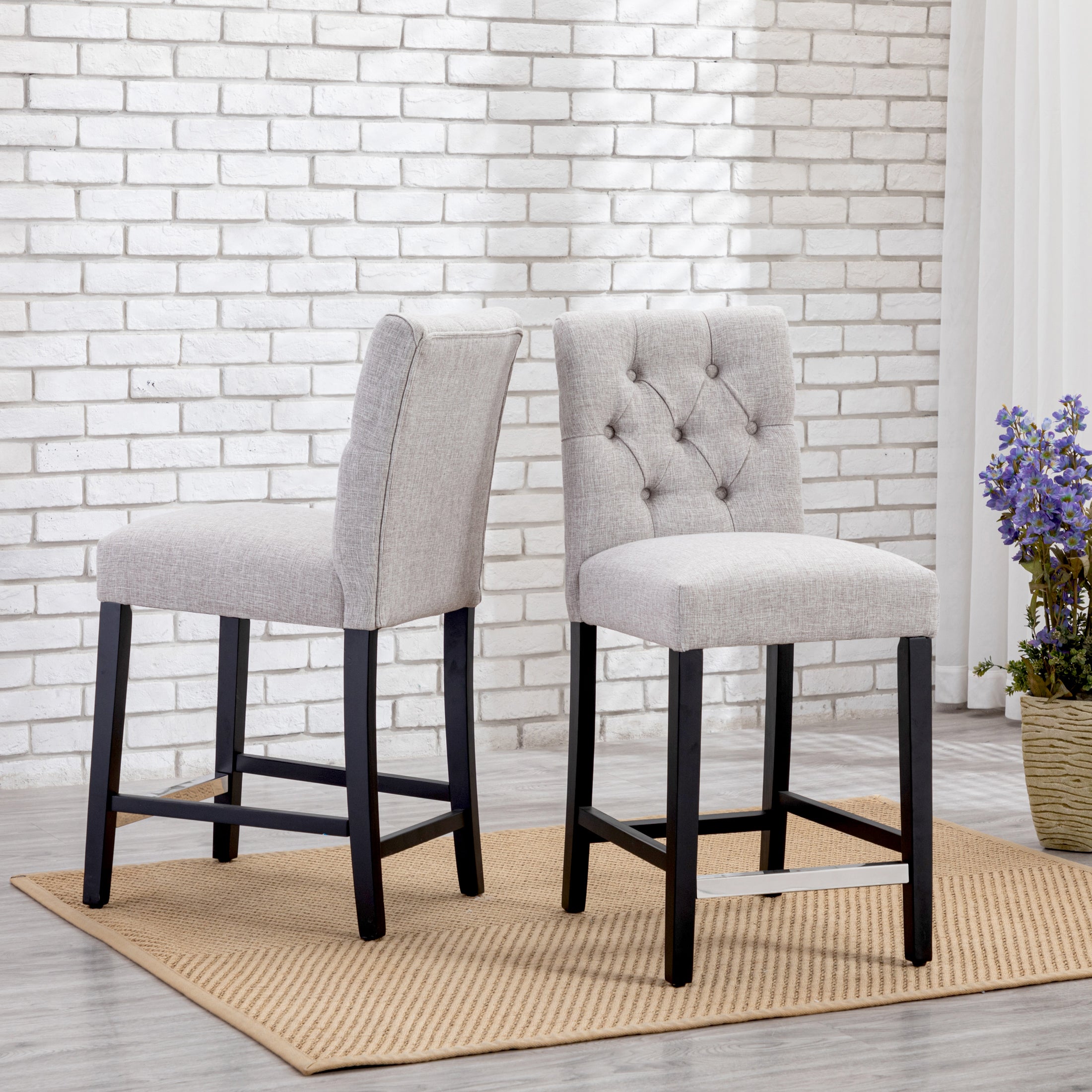 Bellmount 24" Linen Fabric Tufted Bar Stool (Set of 2),Black