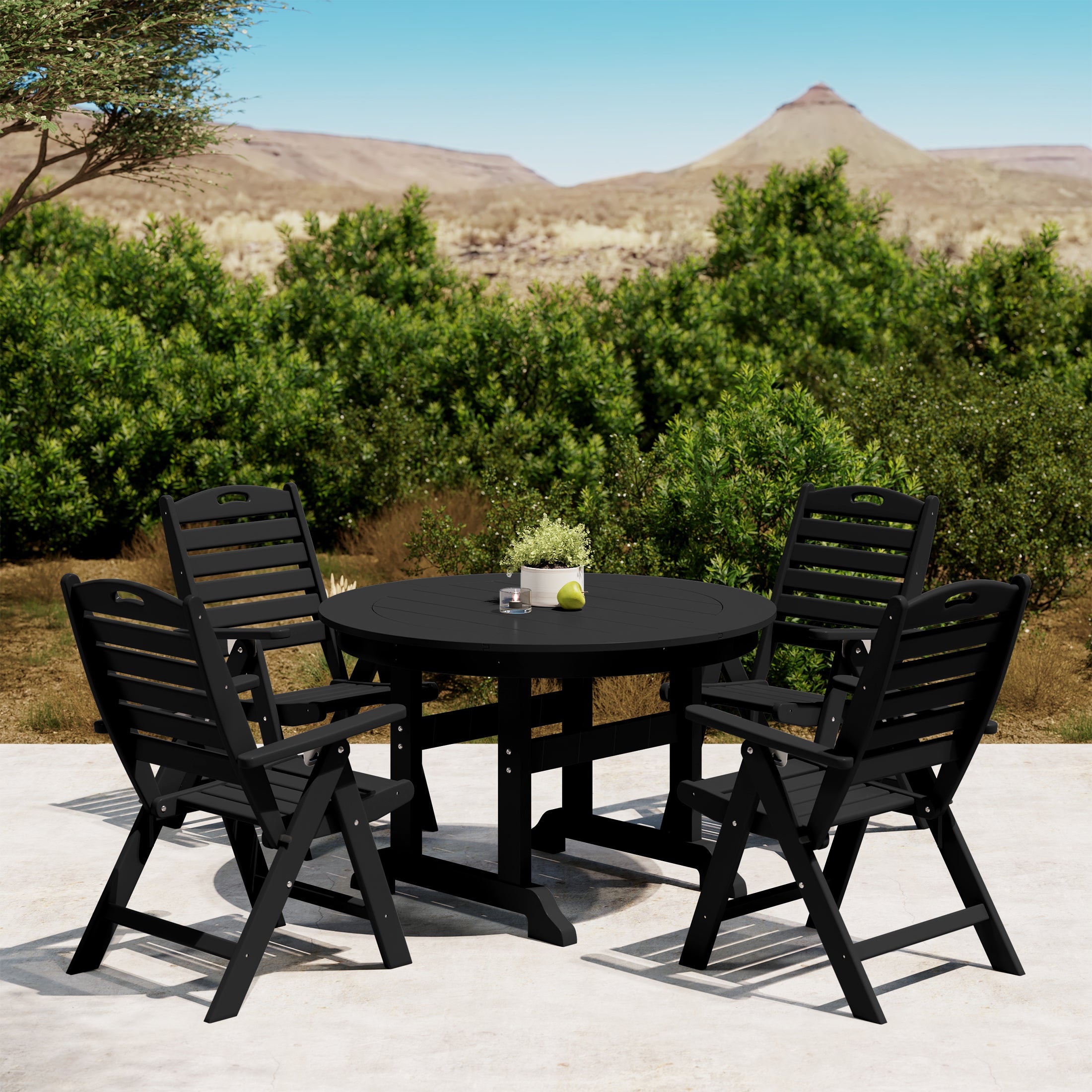 Paradise 5-Piece HDPE Round Patio Dining Table Set with Foldable Chairs
