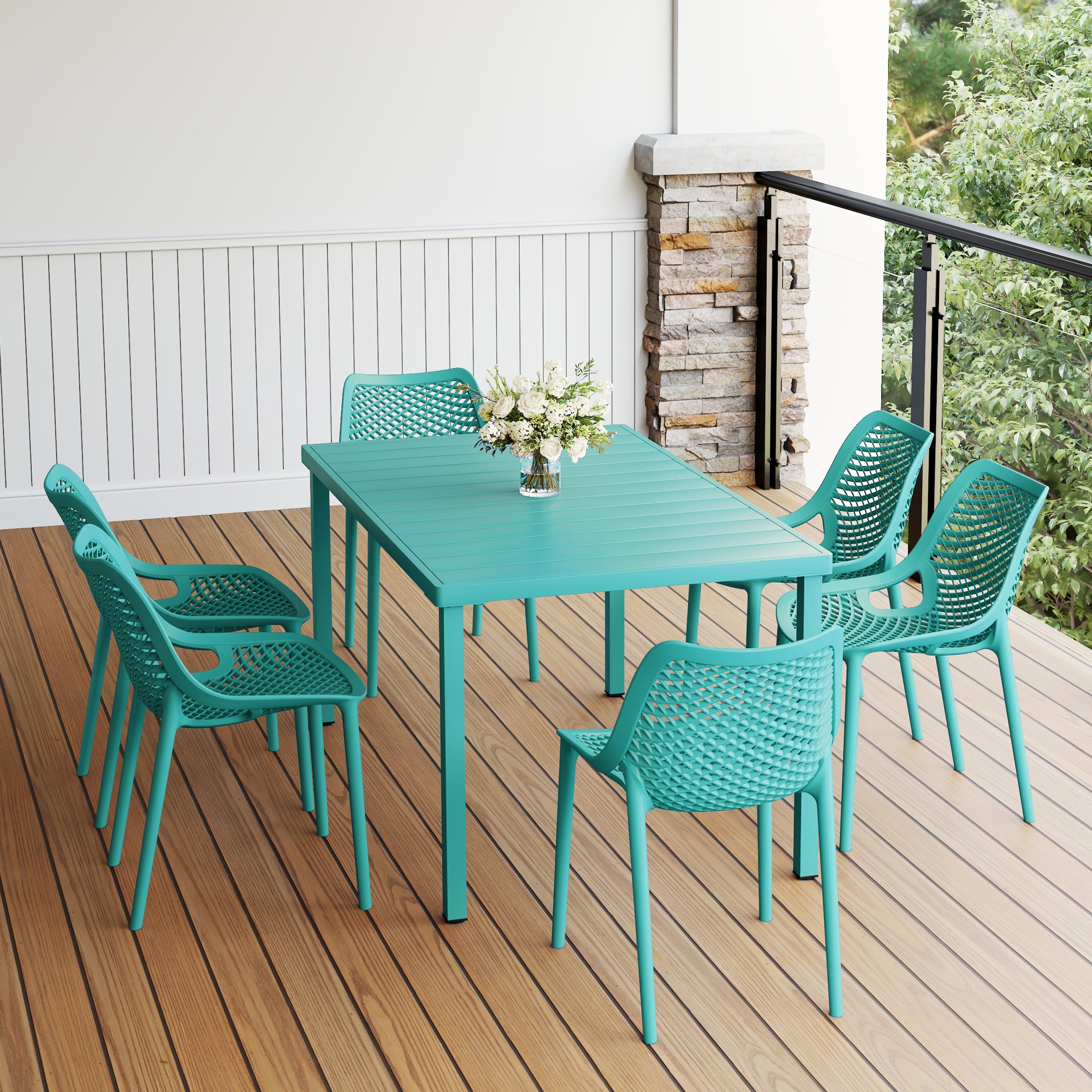 Sunshine 7-Piece Outdoor Metal Patio Dining Table Set With Stackable Patio Chairs