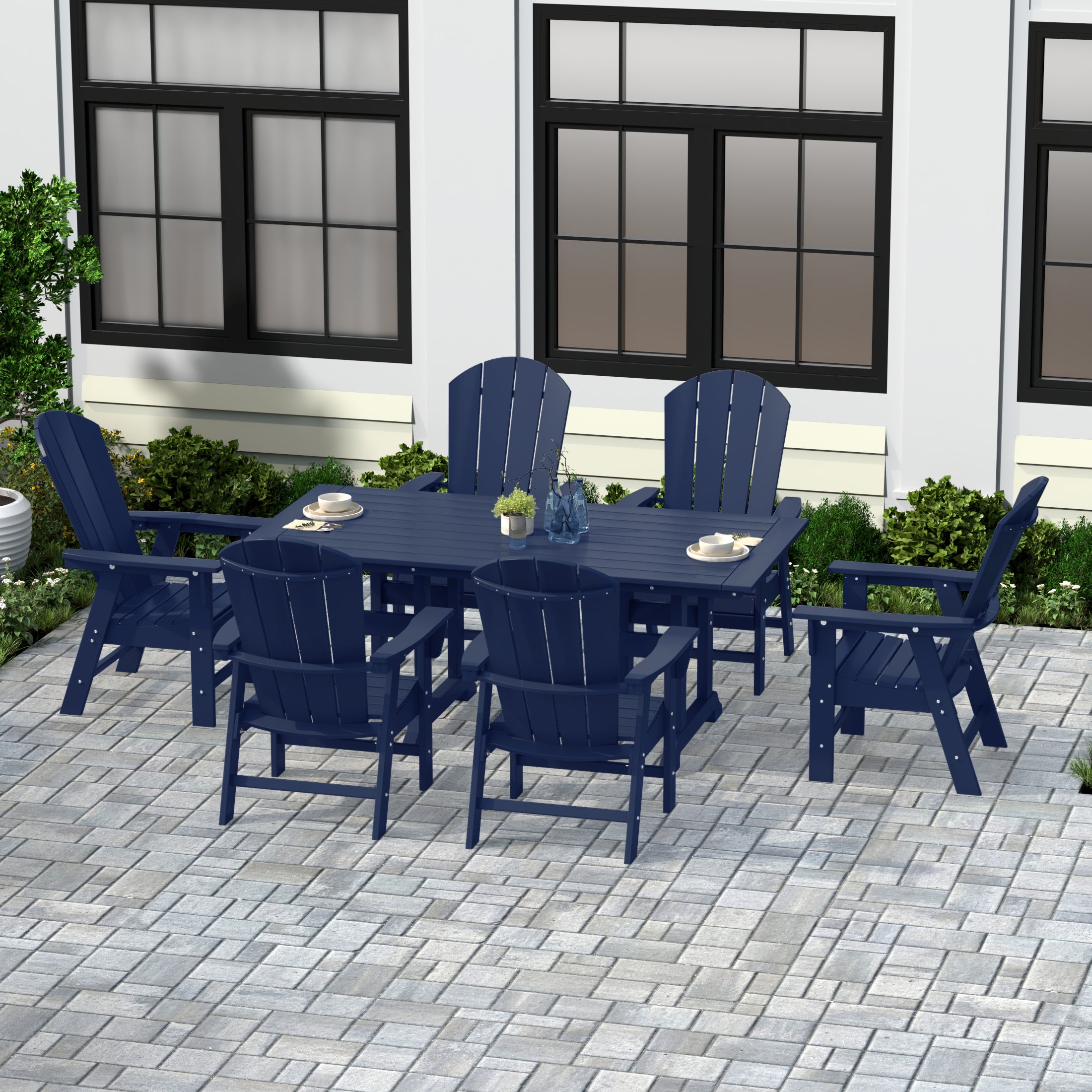 Paradise 7 Piece Outdoor Patio Dining Table and Adirondack Armchair Set