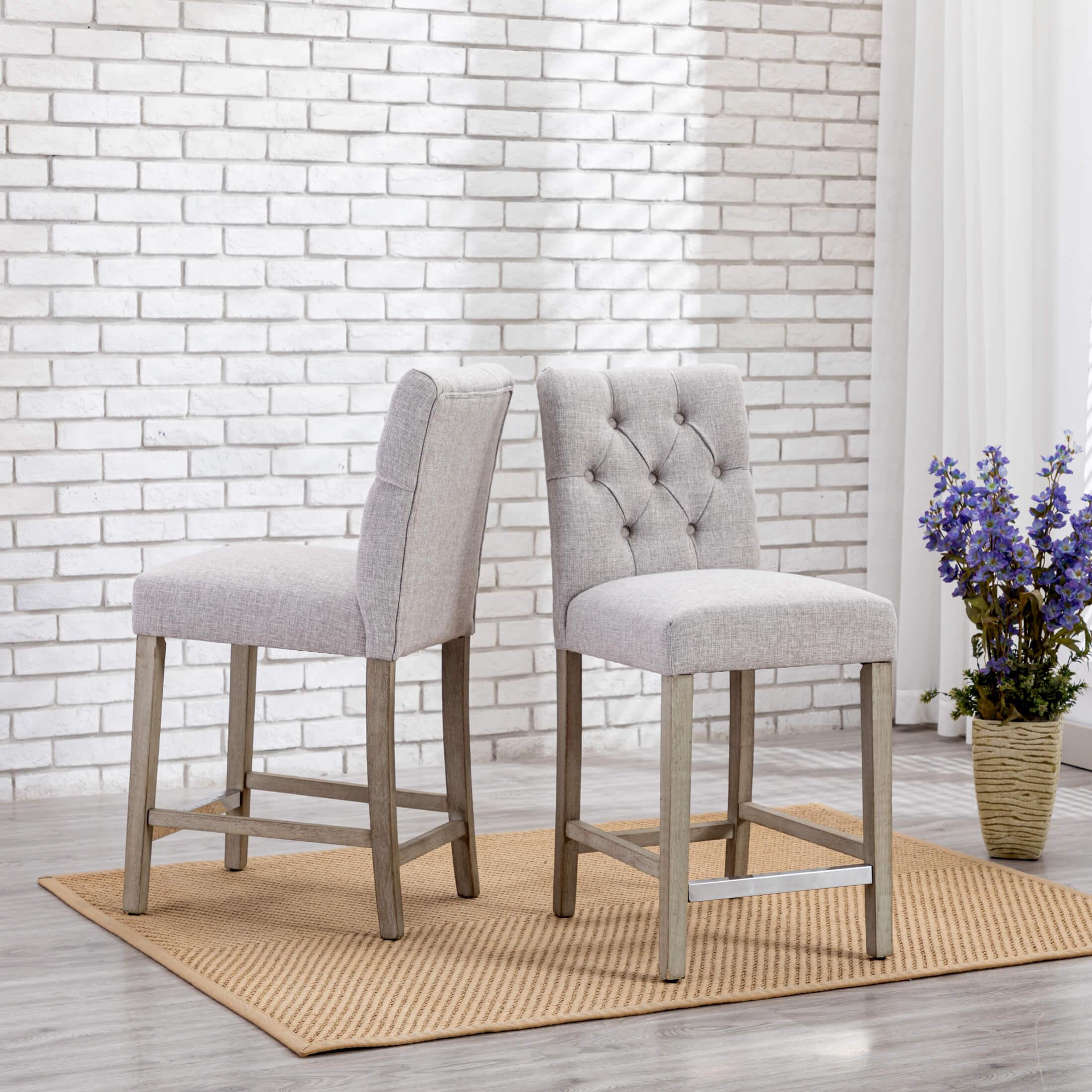 Bellmount 24" Linen Fabric Tufted Counter Stool (Set of 2),Antique Gray