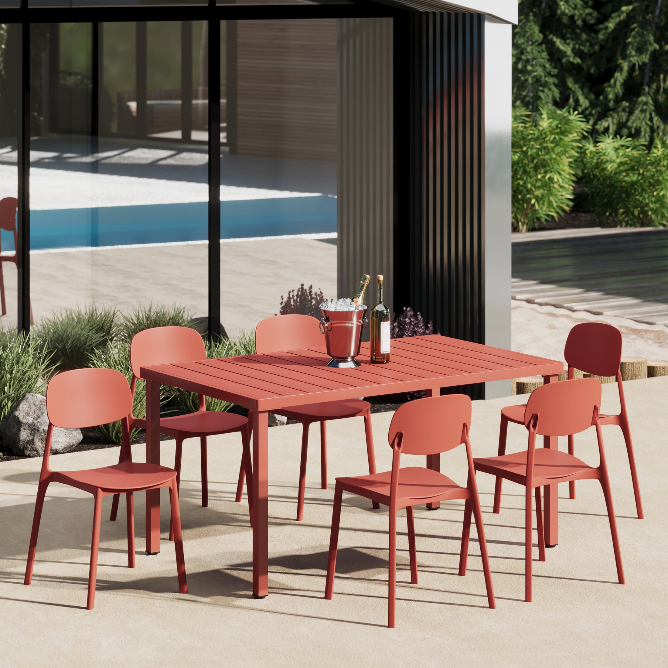 Sunshine 7-Piece Outdoor Rectangular Metal Patio Dining Table Set With Mid-Century Modern Stackable Patio Side Chairs