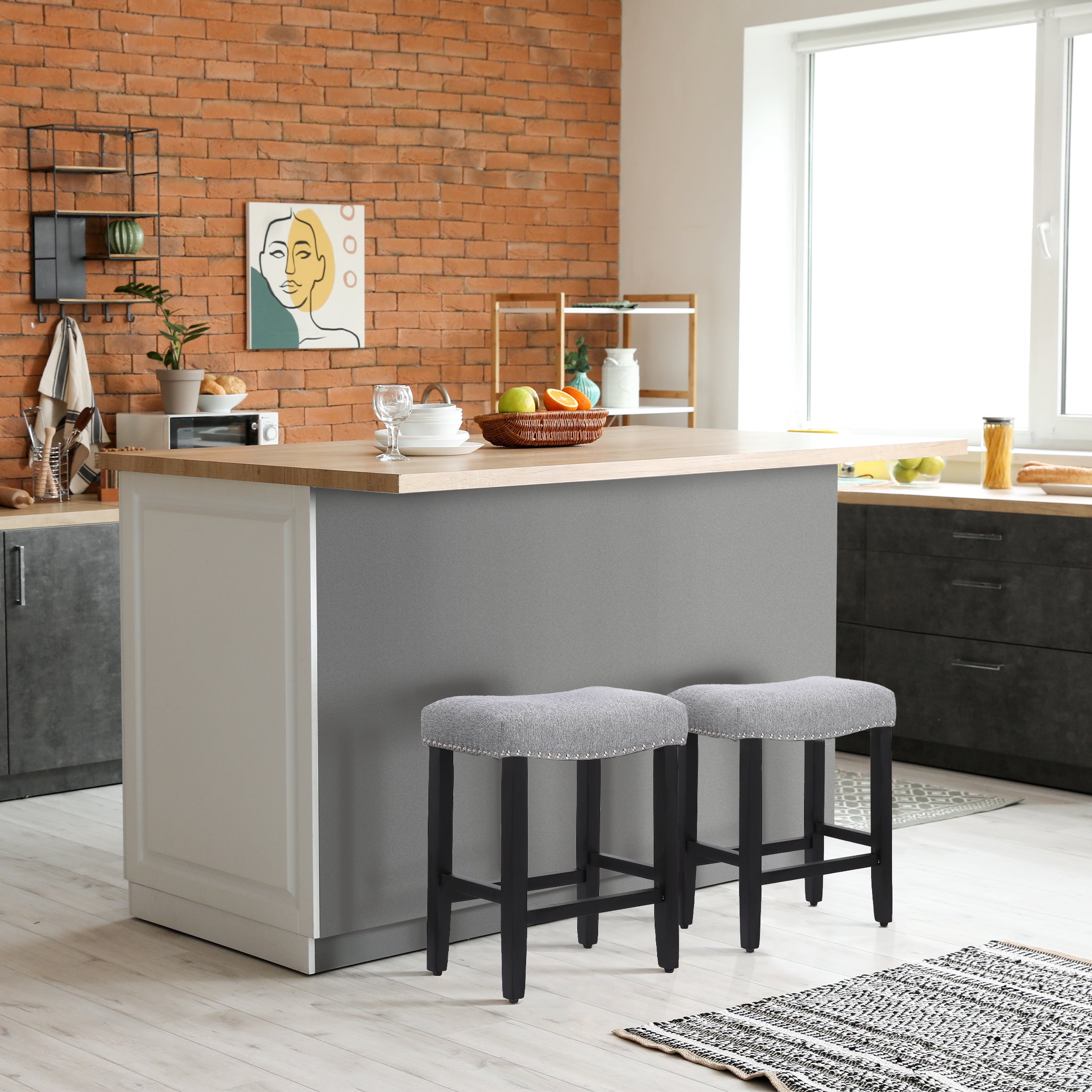 Bulmon 24" upholstered nail head bar counter stools with Black color legs (2 piece set)