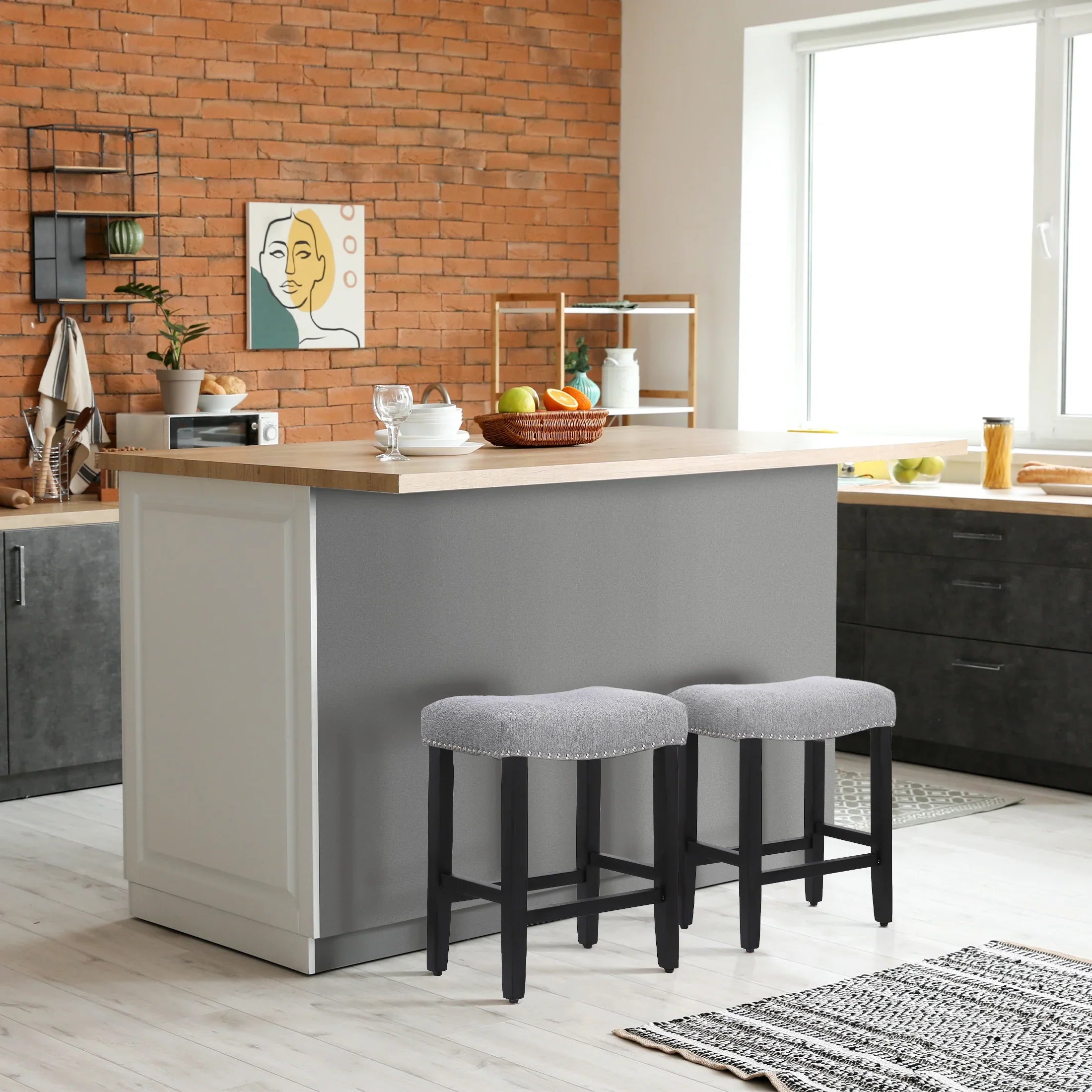 Bulmon 24" upholstered nail head bar counter stools with Black color legs (2 piece set)