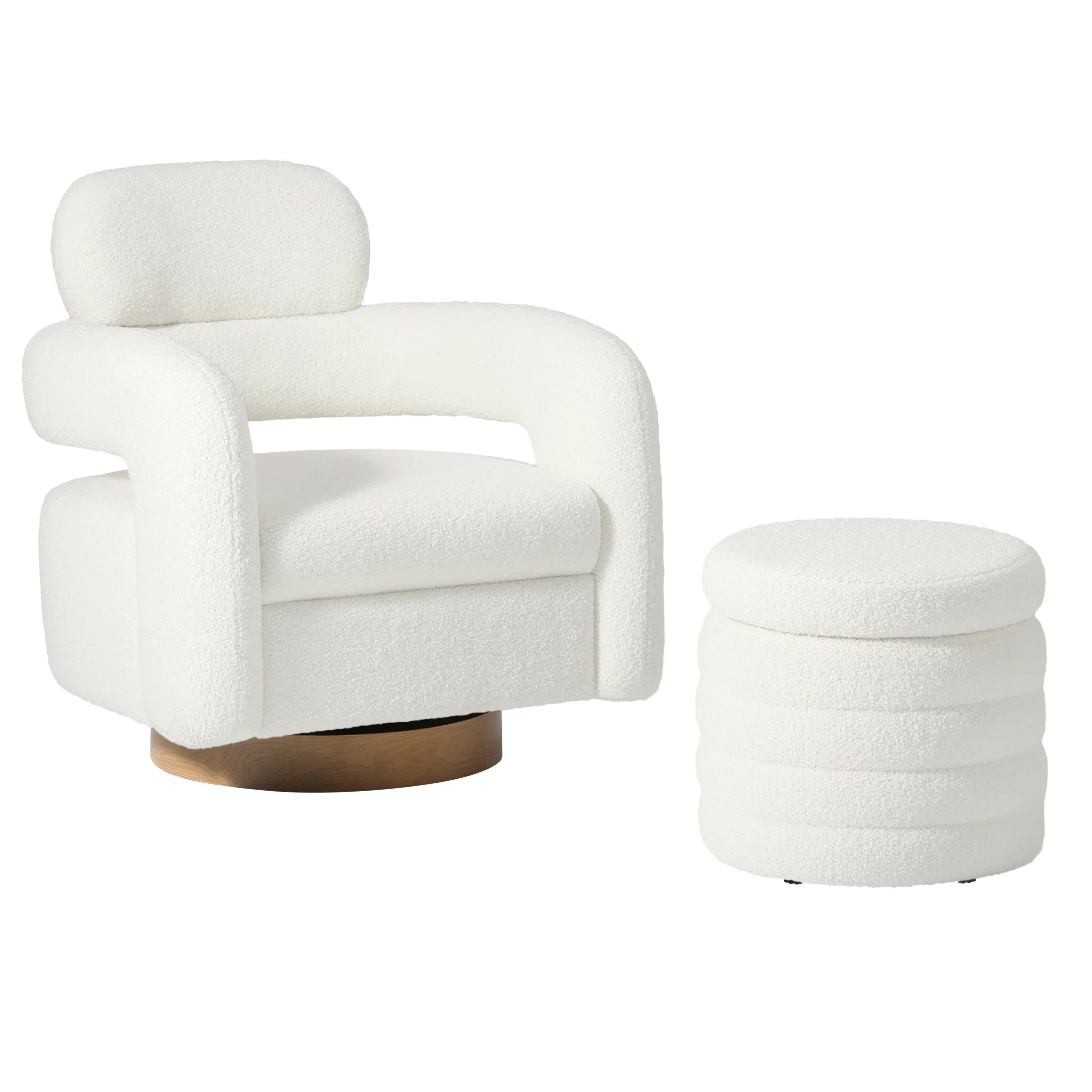 Celine Mid-Century Modern Sherpa Swivel Barrel Accent Chair With Storage Ottoman