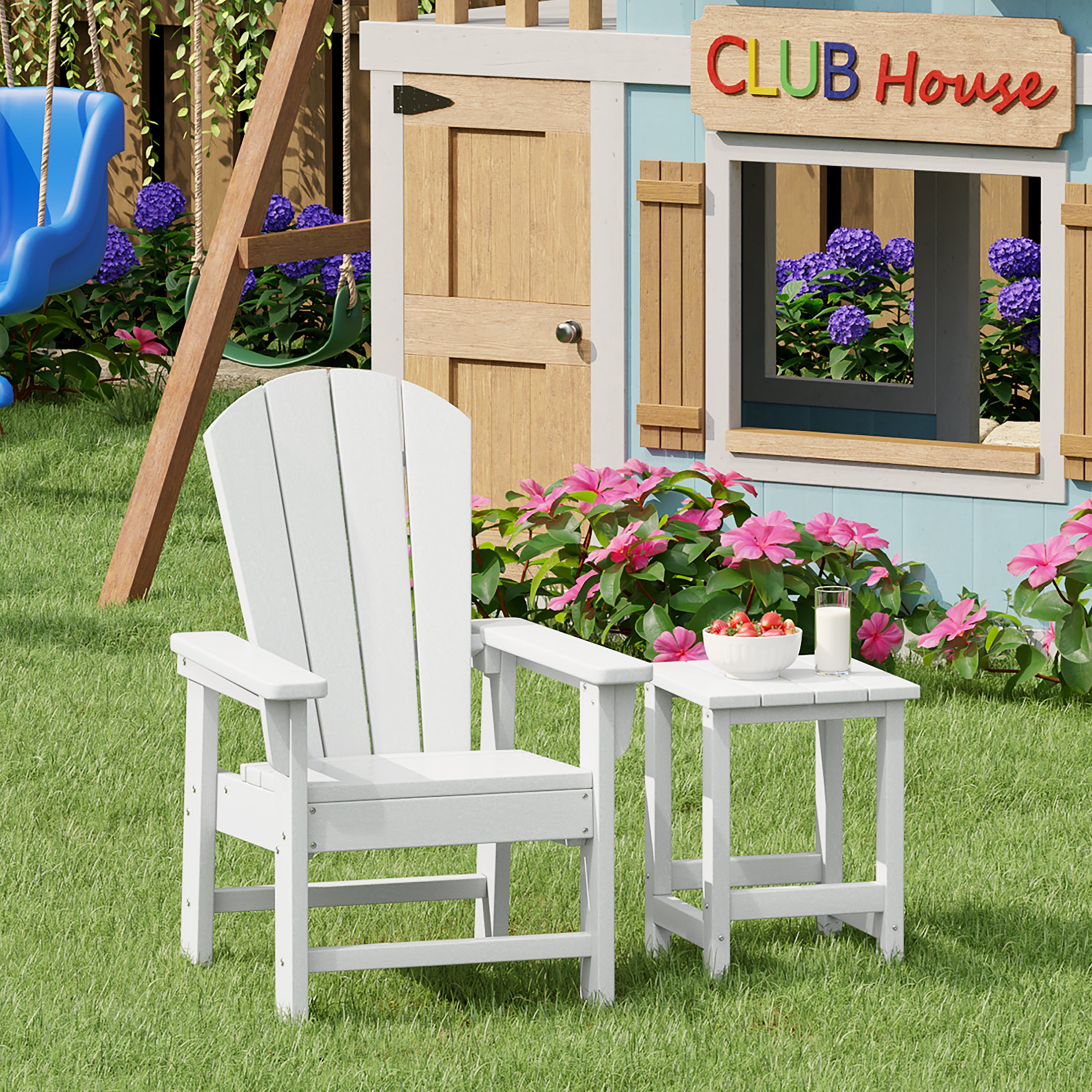 Paradise 2-Piece Kids Outdoor HDPE Adirondack Chair With Square Side Table Set