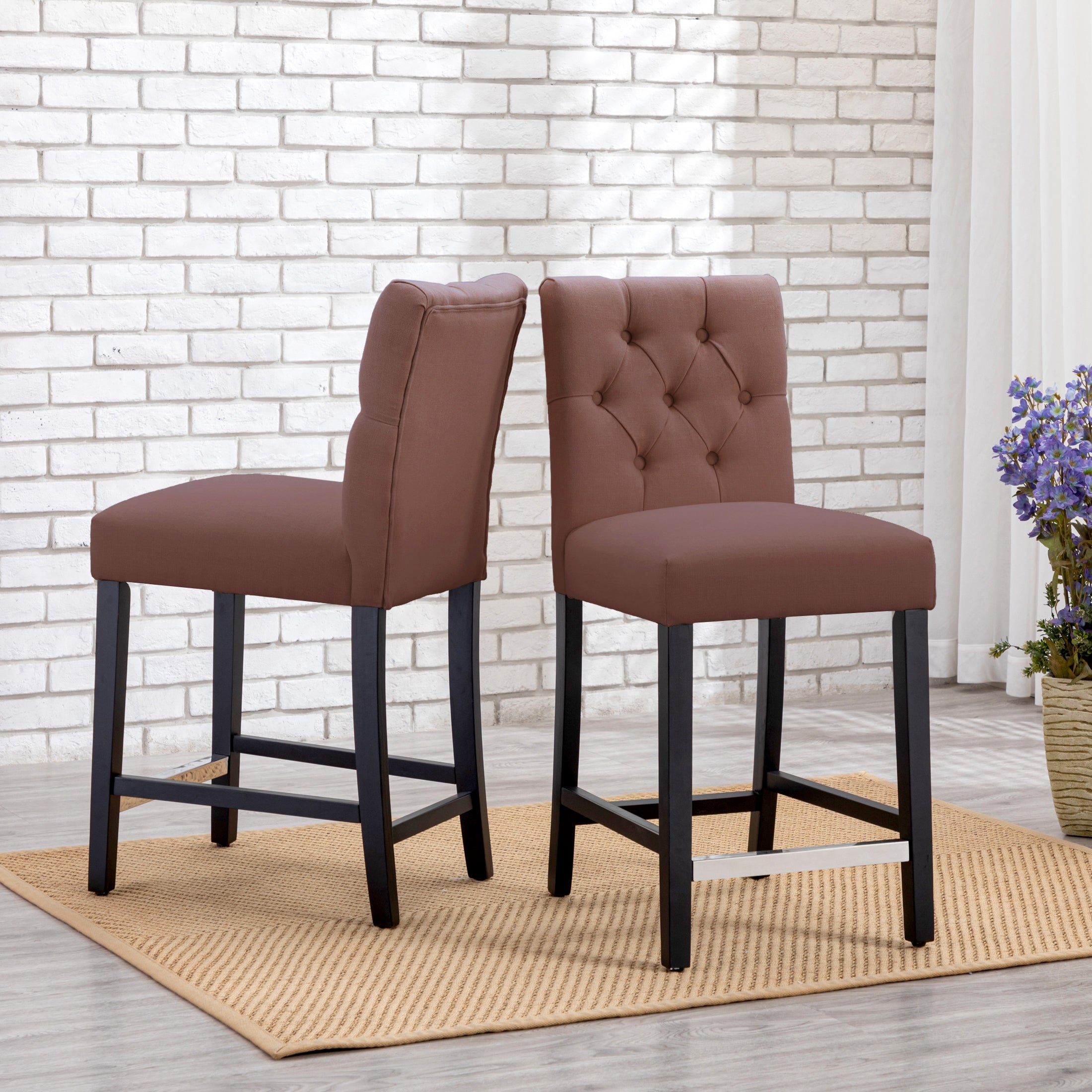 Bellmount 24" Linen Fabric Tufted Bar Stool (Set of 2),Black