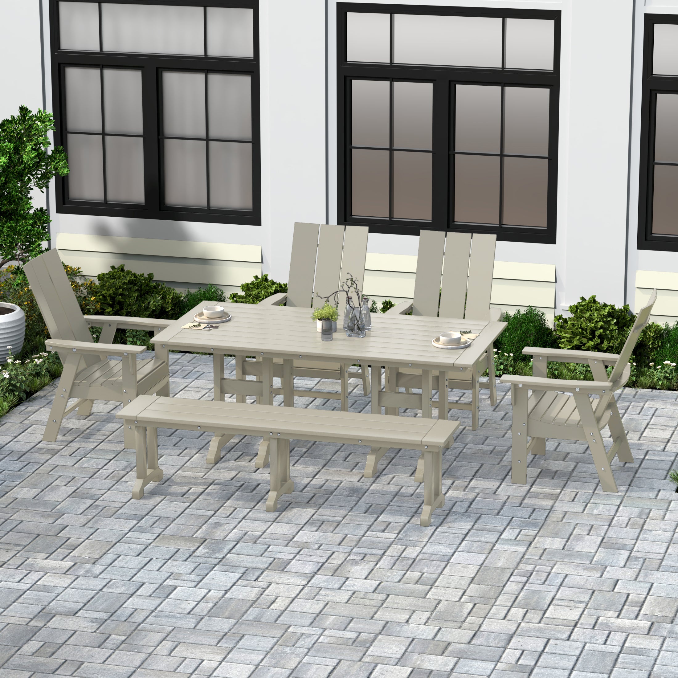 Palms 6 Piece Outdoor Patio Dining Table and Armchair Dining Bench Set