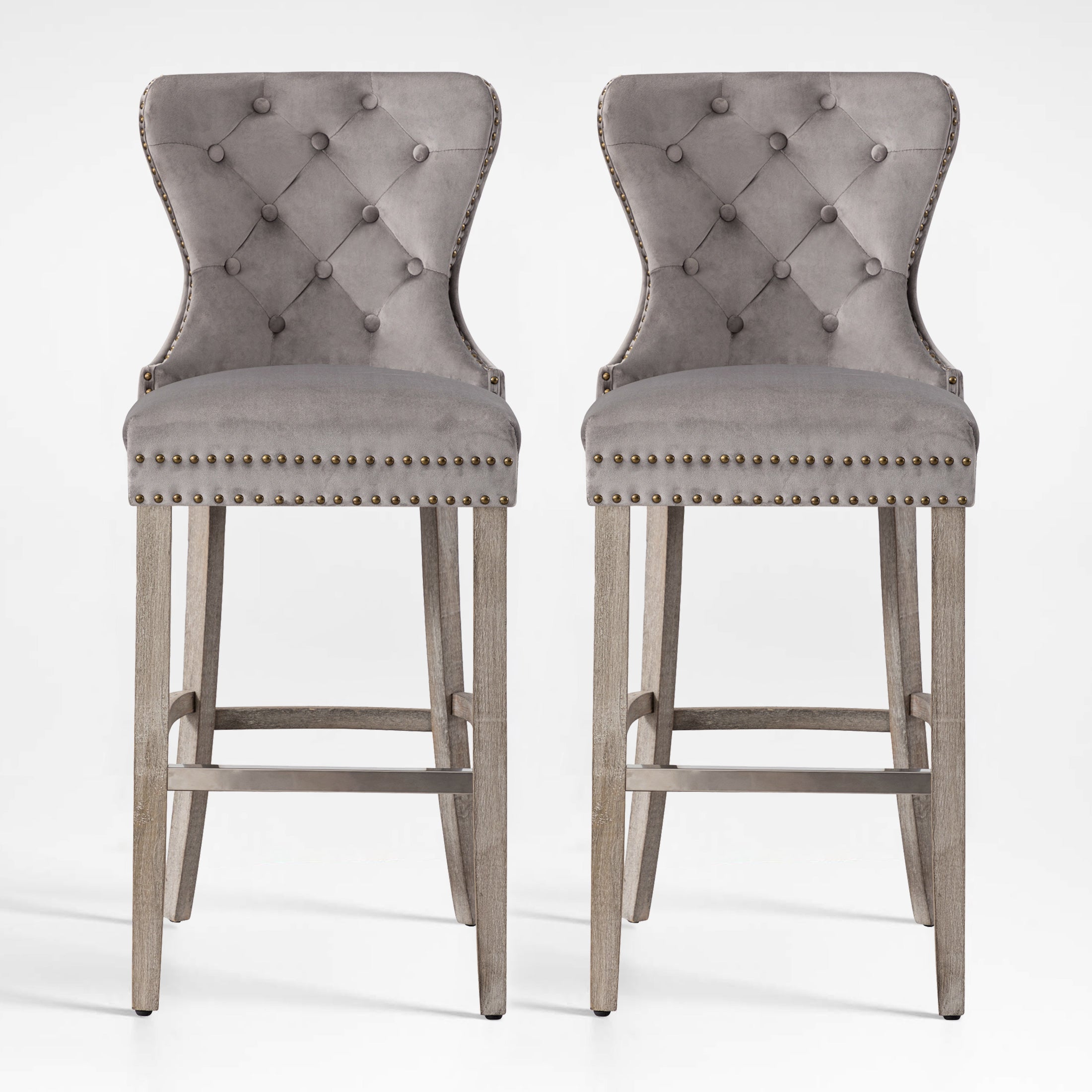 Hank 29" Tufted Velvet Bar Stool (Set of 2), Antique Gray