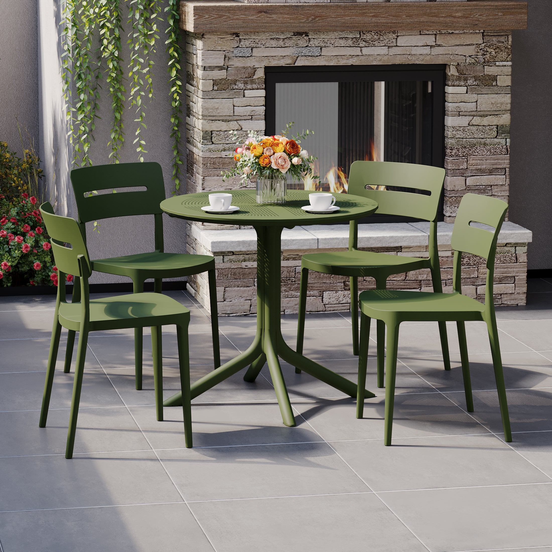Sunshine Modern 5-Piece Resin Round Patio Dining Table Set with Stackable Patio Dining Chairs