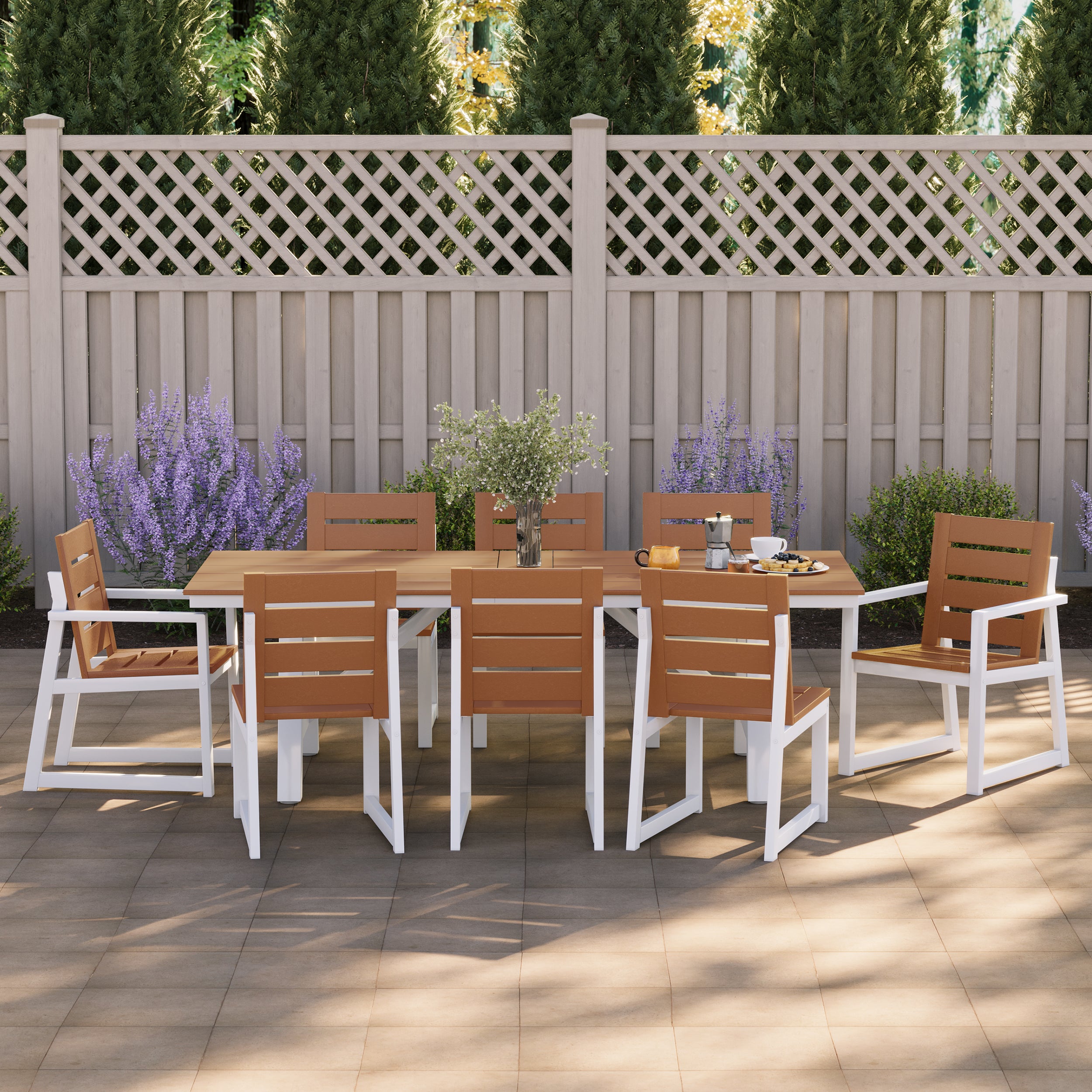 Stinson 9-Piece HDPE Outdoor Furniture Patio Dining Table With Umbrella Hole and Chairs Set For 8